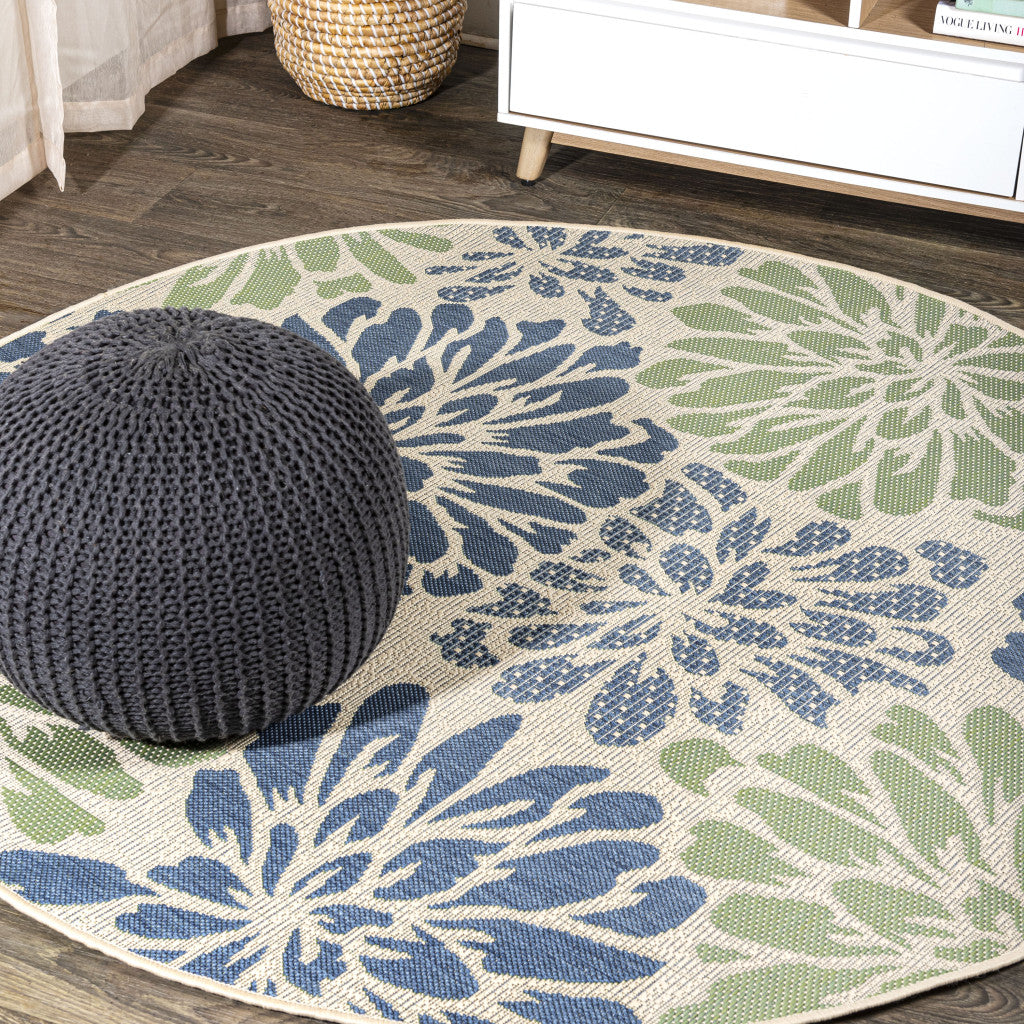 8' Navy Blue And Green Round Floral Indoor Outdoor Area Rug - GreatEagleInc