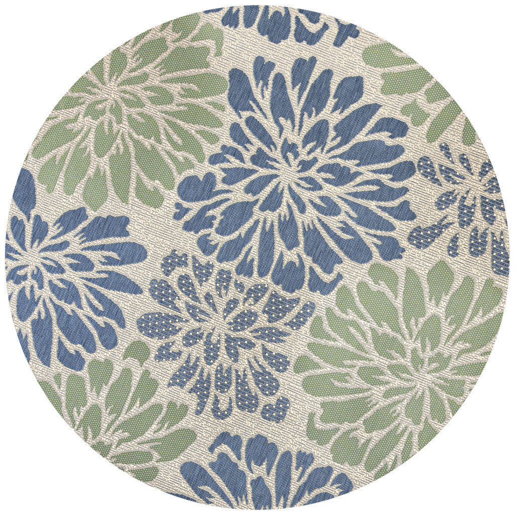 8' Navy Blue And Green Round Floral Indoor Outdoor Area Rug - GreatEagleInc