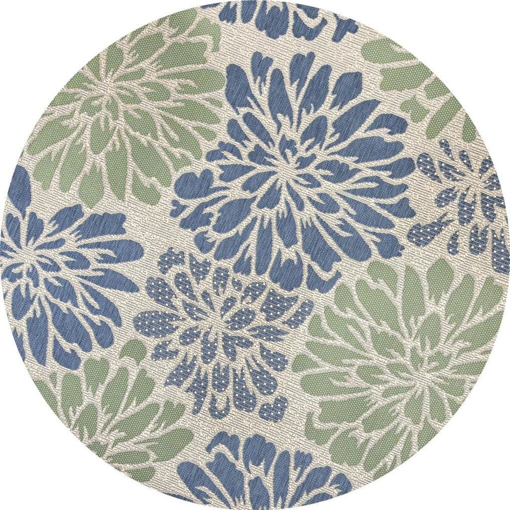 8' Navy Blue And Green Round Floral Indoor Outdoor Area Rug - GreatEagleInc