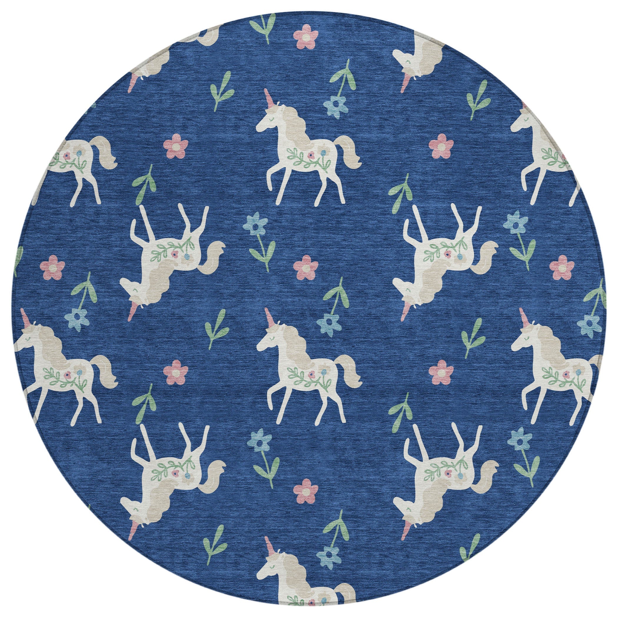 8' Navy Blue And Green Round Floral Washable Indoor Outdoor Area Rug Homeroots Outdoor