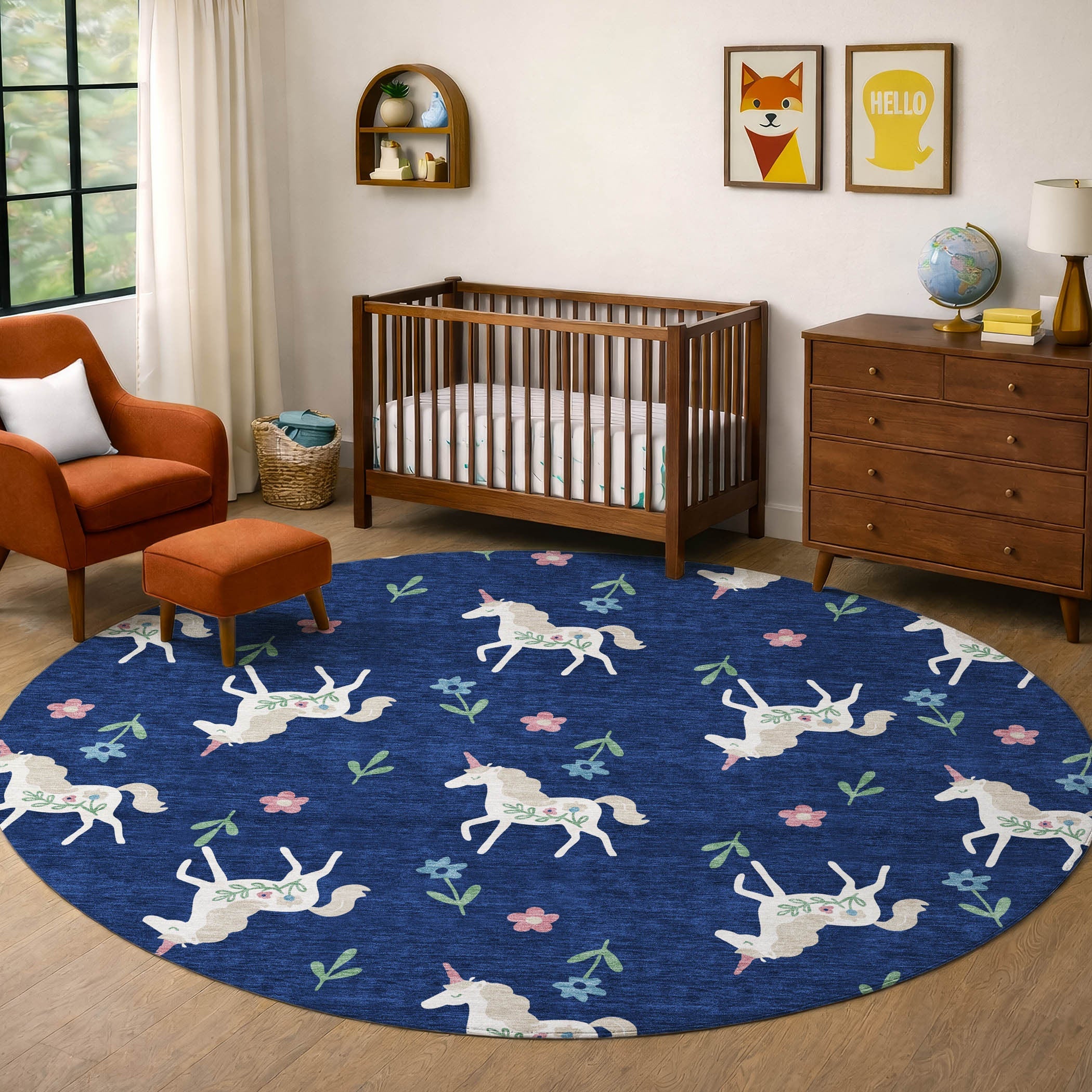 8' Navy Blue And Green Round Floral Washable Indoor Outdoor Area Rug Homeroots Outdoor