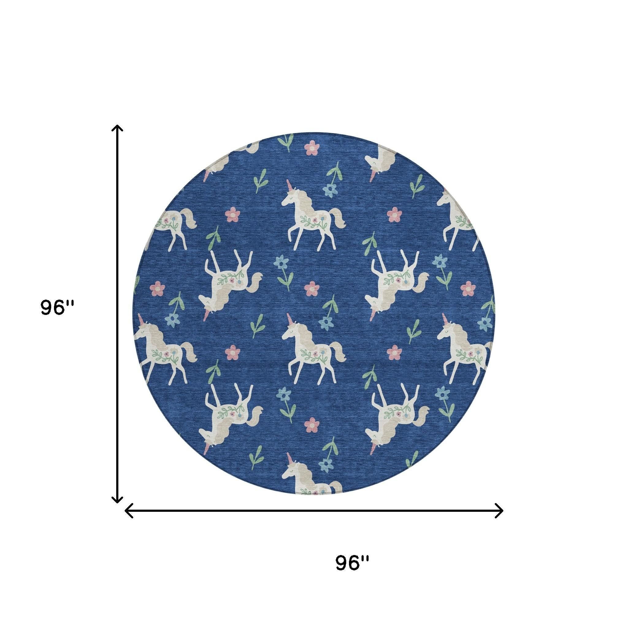 8' Navy Blue And Green Round Floral Washable Indoor Outdoor Area Rug Homeroots Outdoor