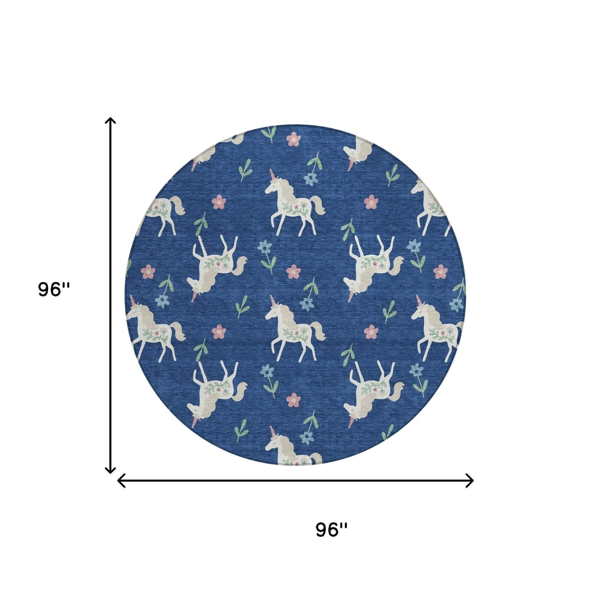 8' Navy Blue And Green Round Floral Washable Indoor Outdoor Area Rug Homeroots Outdoor