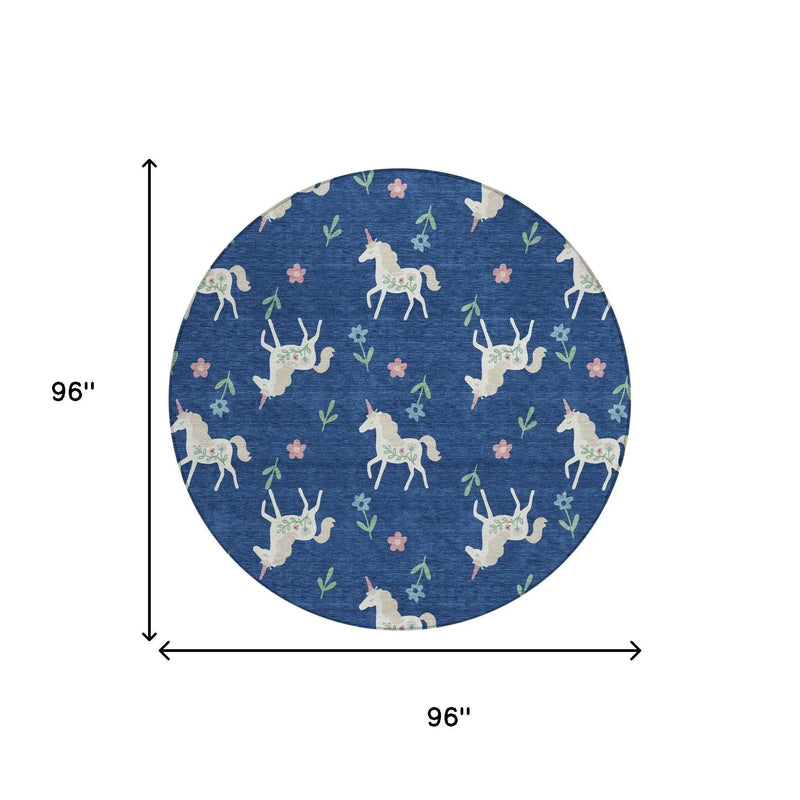 8' Navy Blue And Green Round Floral Washable Indoor Outdoor Area Rug Homeroots Outdoor
