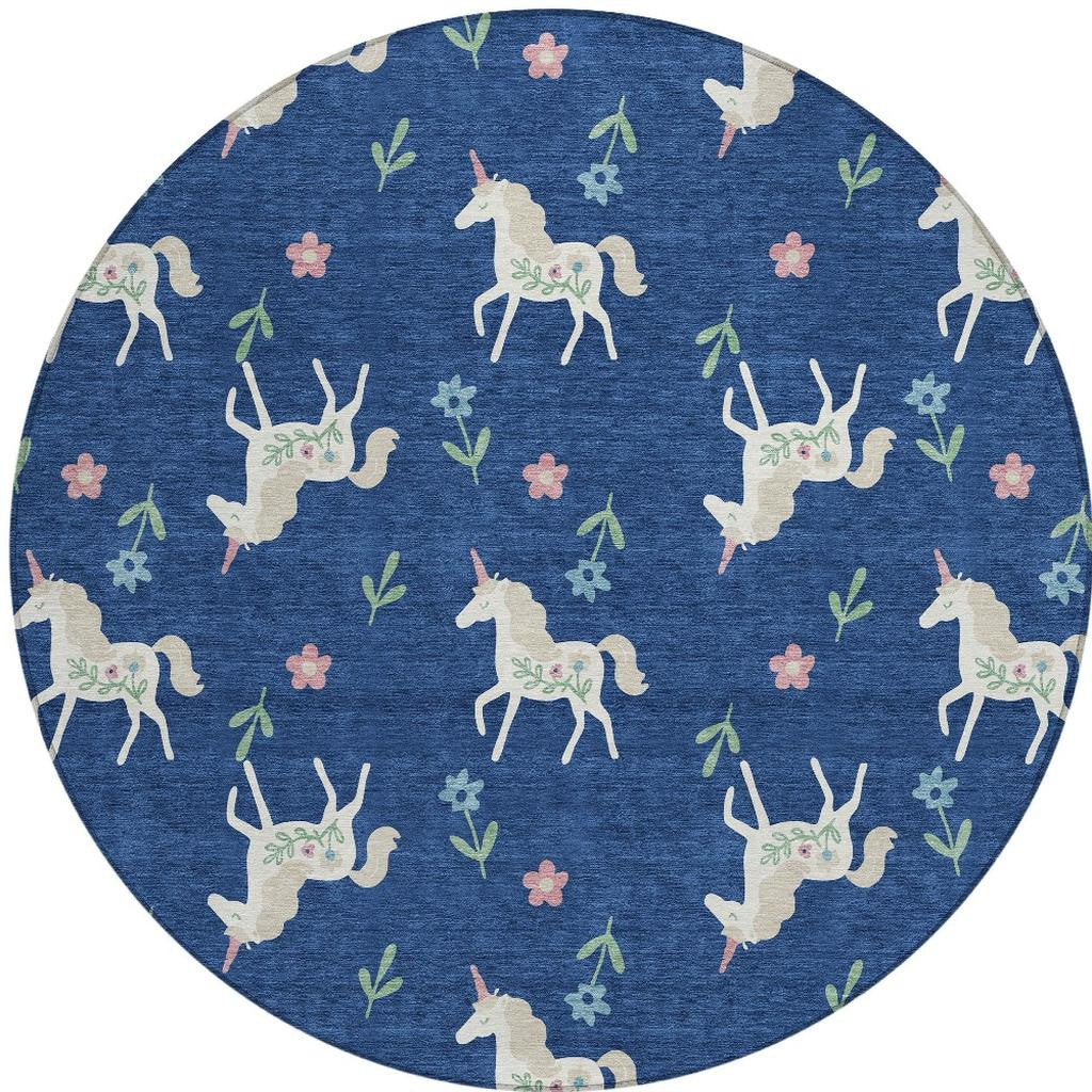 8' Navy Blue And Green Round Floral Washable Indoor Outdoor Area Rug Homeroots Outdoor