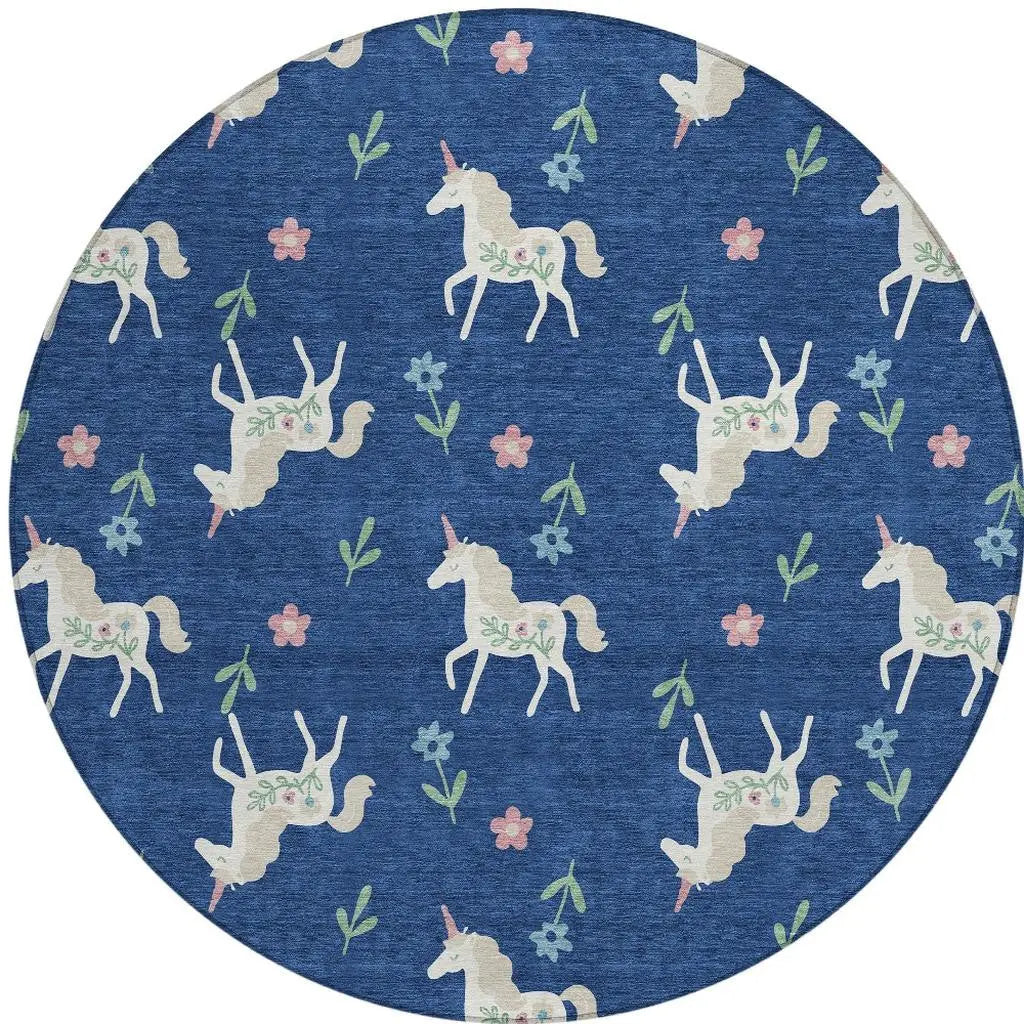8' Navy Blue And Green Round Floral Washable Indoor Outdoor Area Rug Homeroots Outdoor