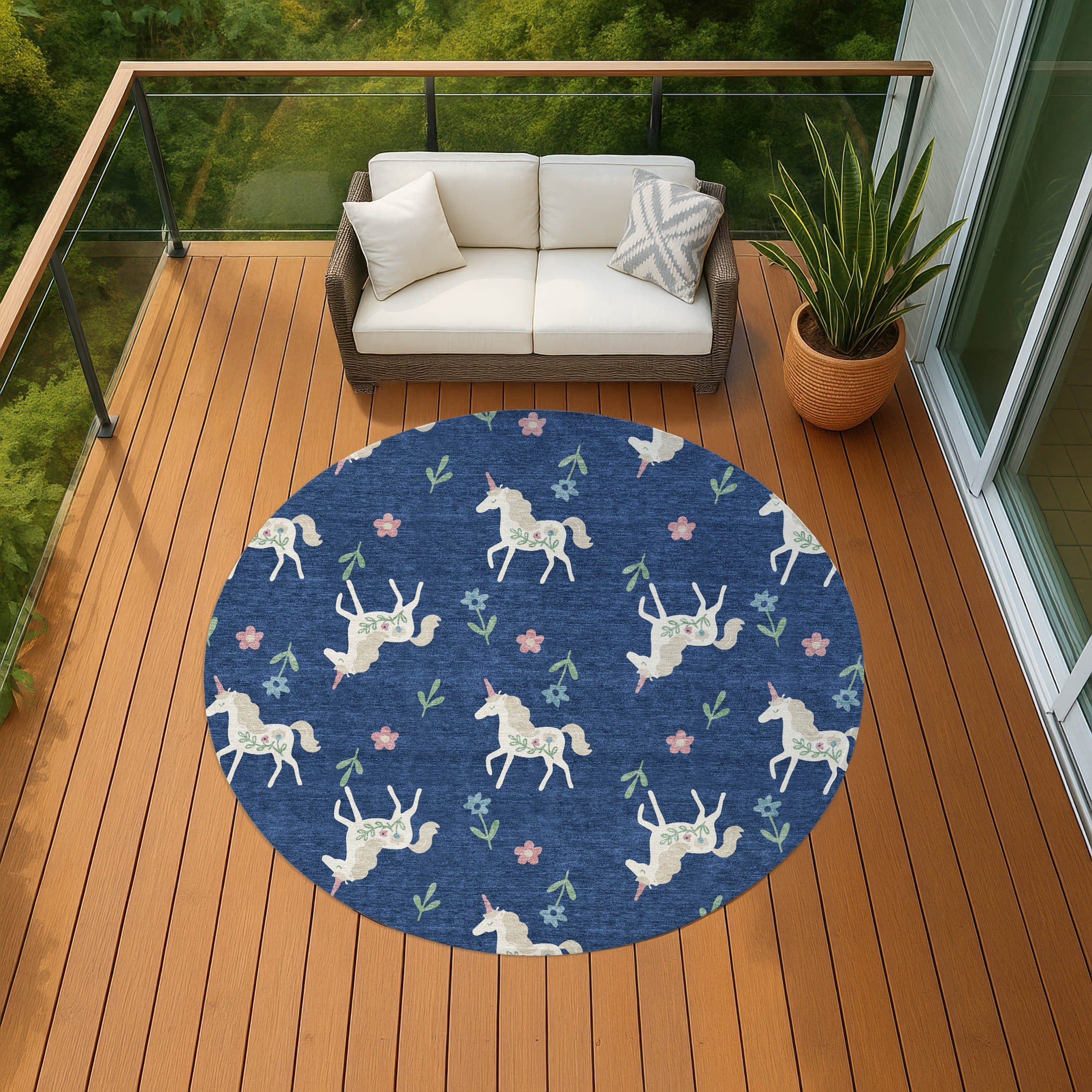 8' Navy Blue And Green Round Floral Washable Indoor Outdoor Area Rug Homeroots Outdoor