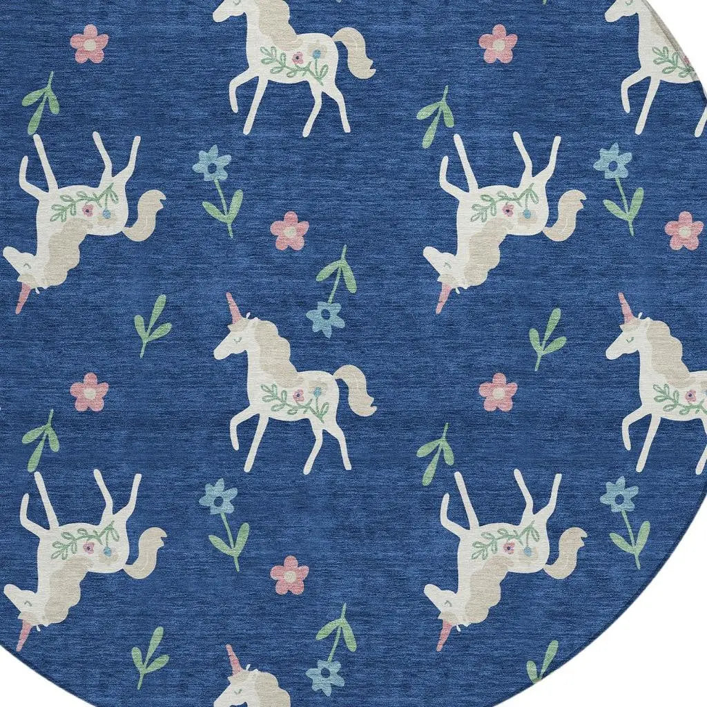 8' Navy Blue And Green Round Floral Washable Indoor Outdoor Area Rug Homeroots Outdoor