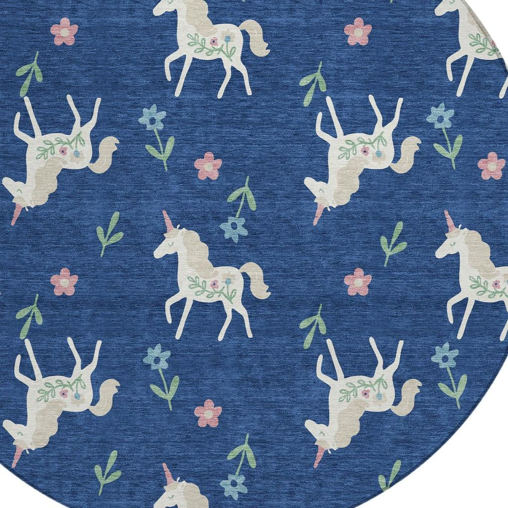8' Navy Blue And Green Round Floral Washable Indoor Outdoor Area Rug Homeroots Outdoor