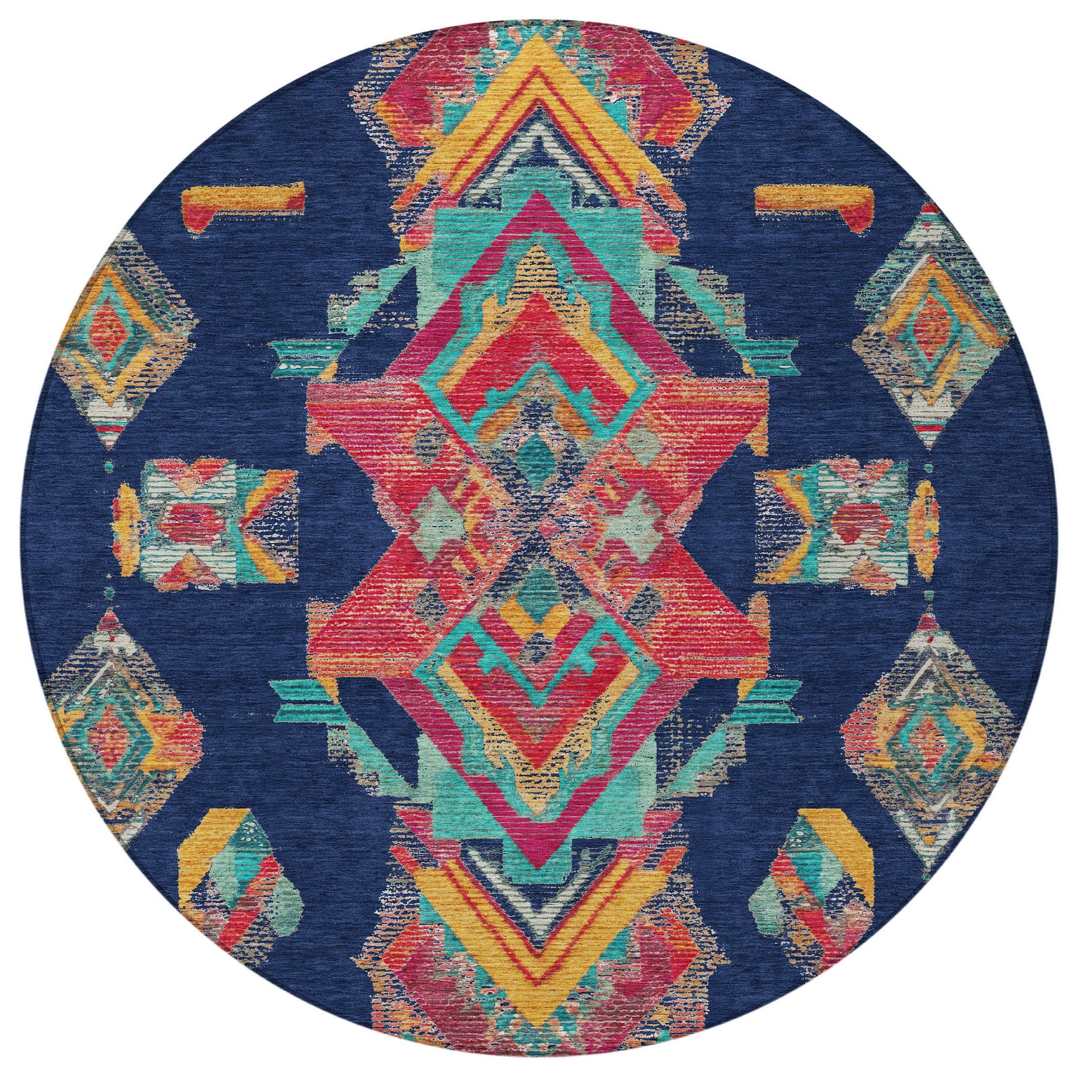 8' Navy Blue And Green Round Tribal Washable Indoor Outdoor Area Rug Homeroots Outdoor