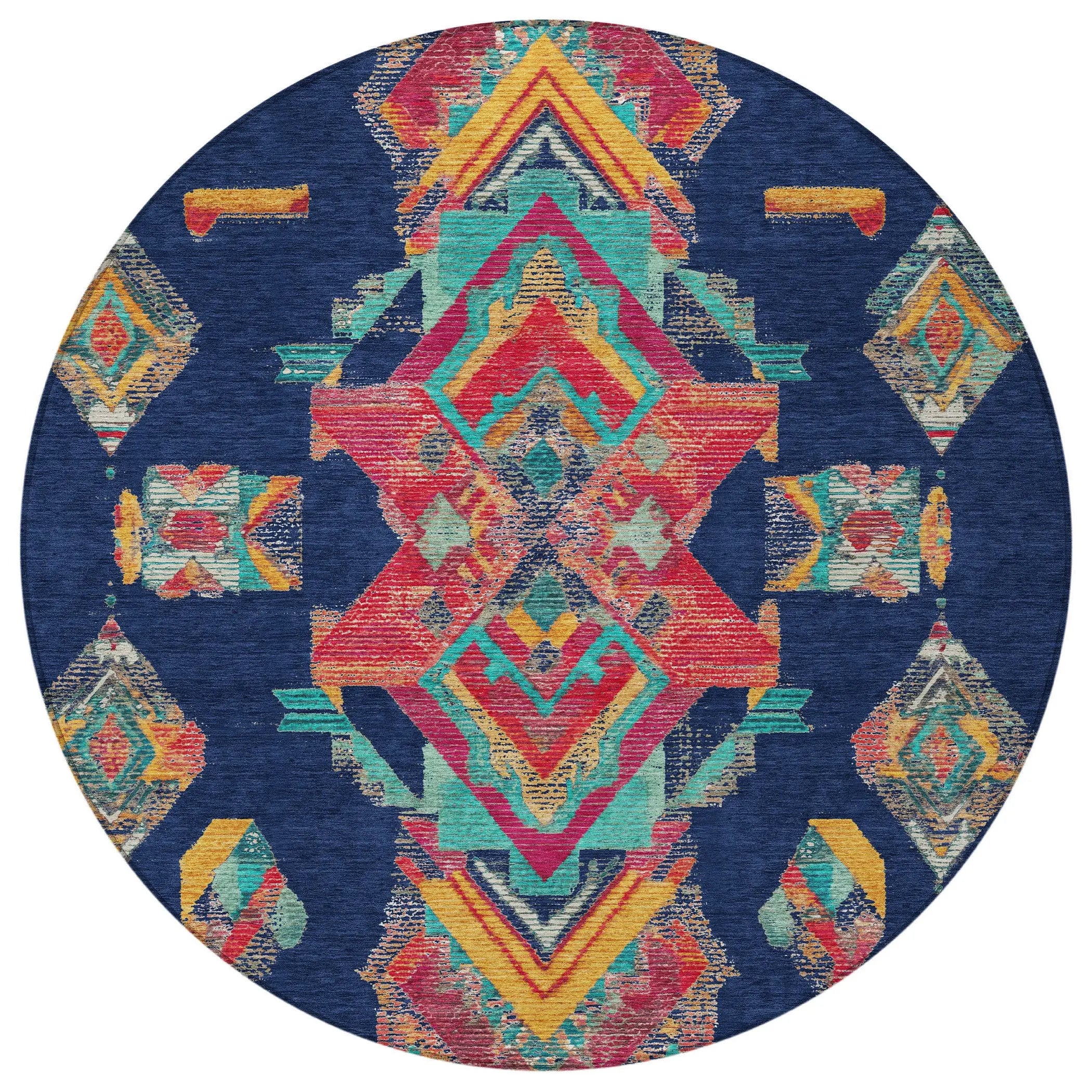 8' Navy Blue And Green Round Tribal Washable Indoor Outdoor Area Rug Homeroots Outdoor