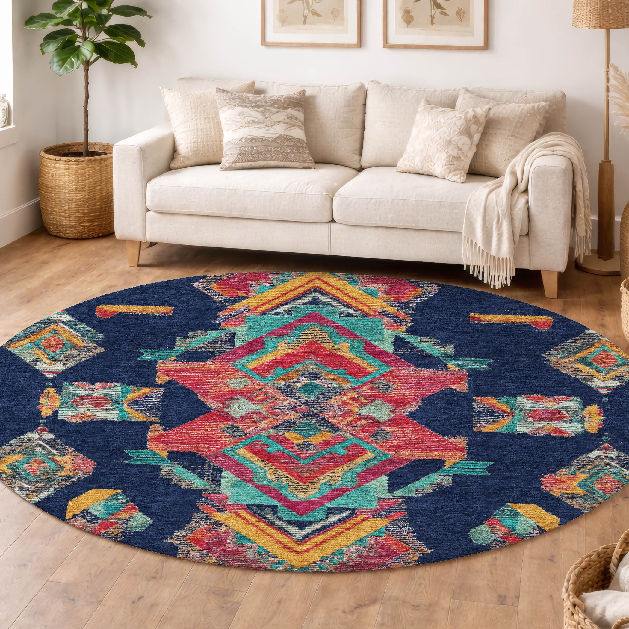 8' Navy Blue And Green Round Tribal Washable Indoor Outdoor Area Rug Homeroots Outdoor