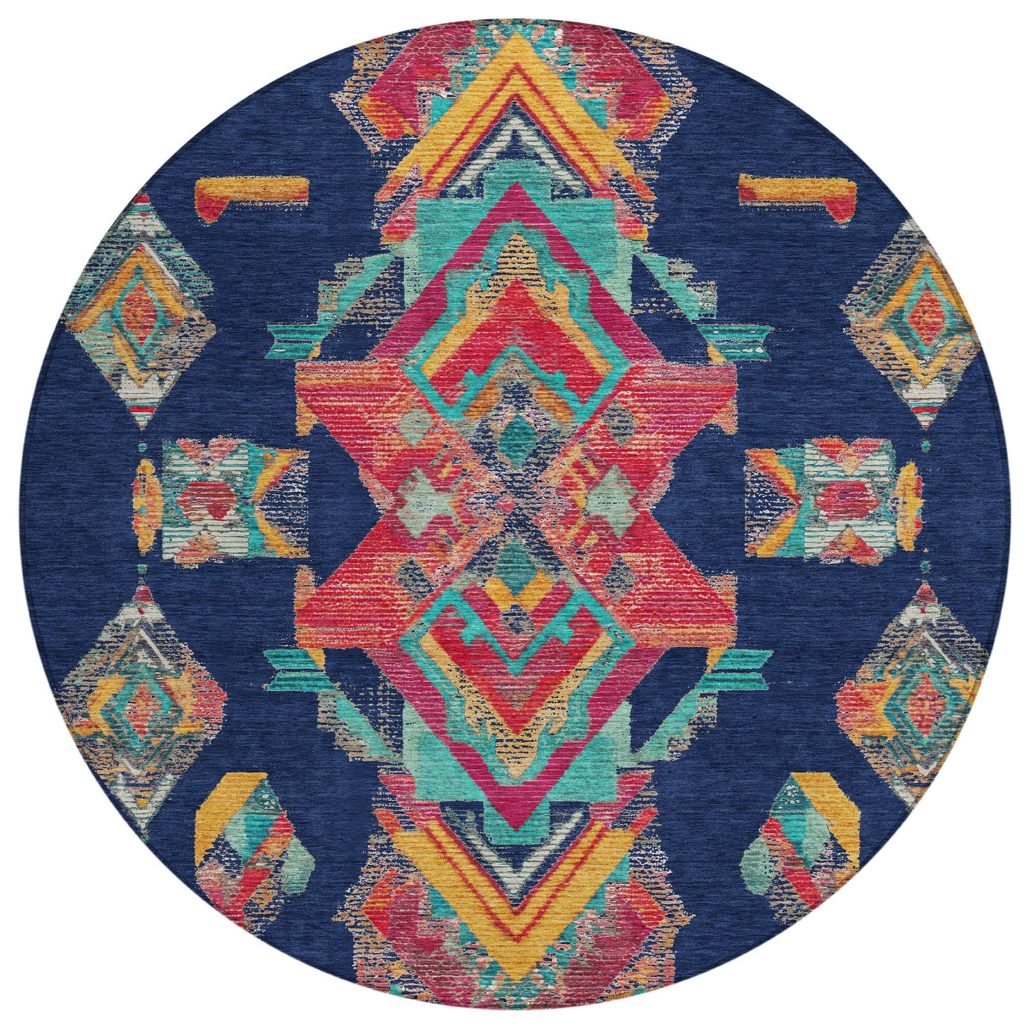8' Navy Blue And Green Round Tribal Washable Indoor Outdoor Area Rug Homeroots Outdoor