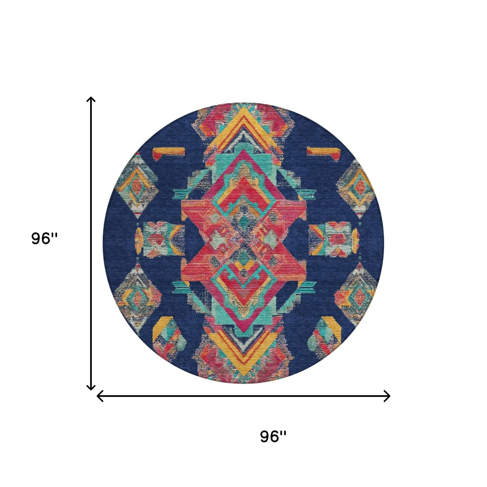 8' Navy Blue And Green Round Tribal Washable Indoor Outdoor Area Rug Homeroots Outdoor
