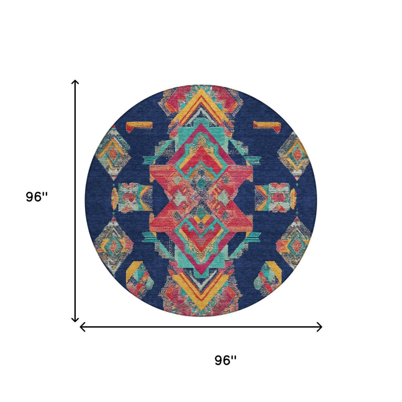 8' Navy Blue And Green Round Tribal Washable Indoor Outdoor Area Rug Homeroots Outdoor