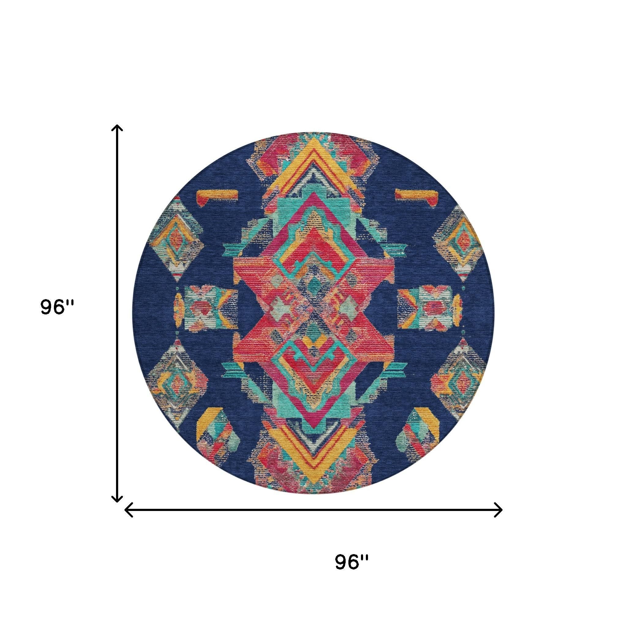 8' Navy Blue And Green Round Tribal Washable Indoor Outdoor Area Rug Homeroots Outdoor