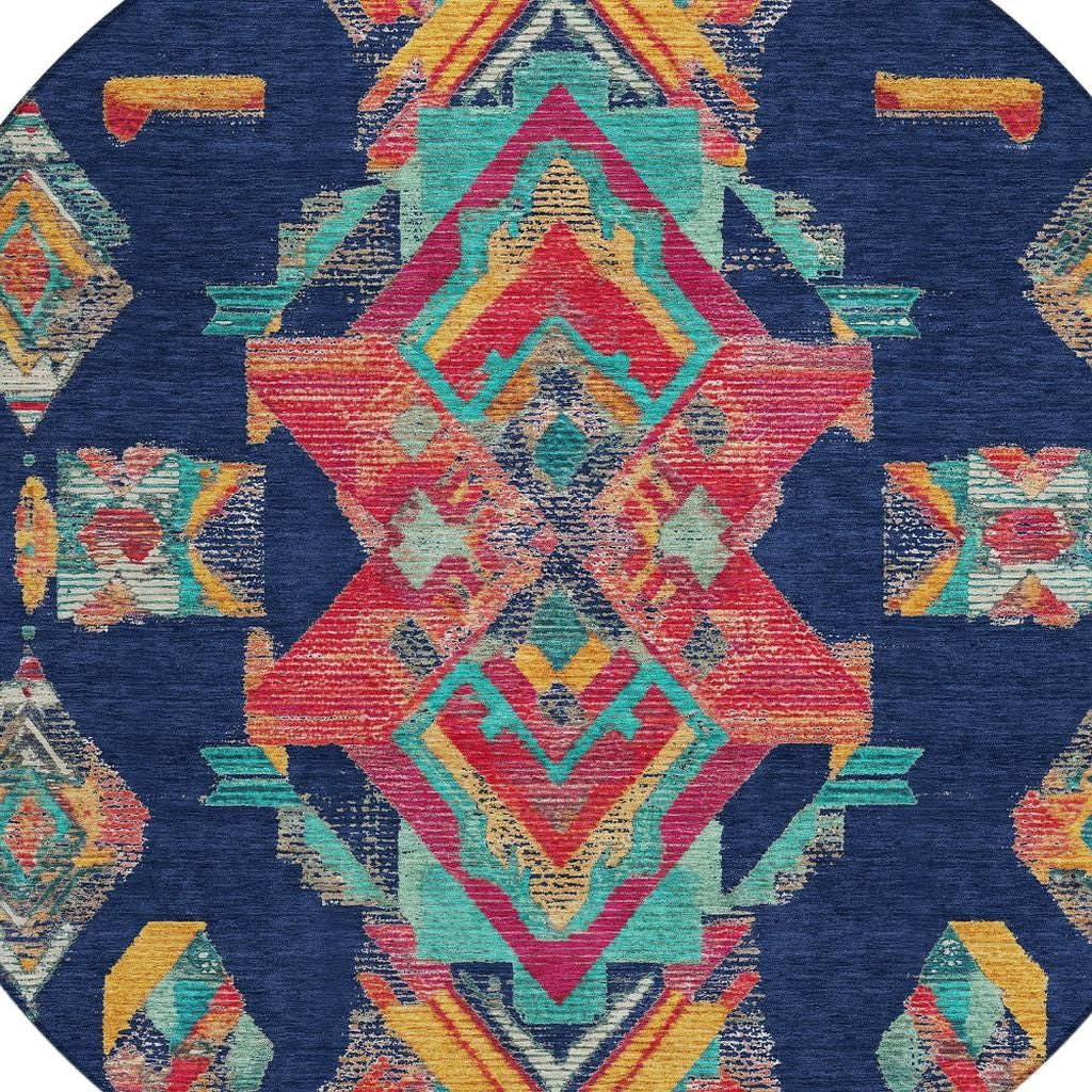 8' Navy Blue And Green Round Tribal Washable Indoor Outdoor Area Rug Homeroots Outdoor