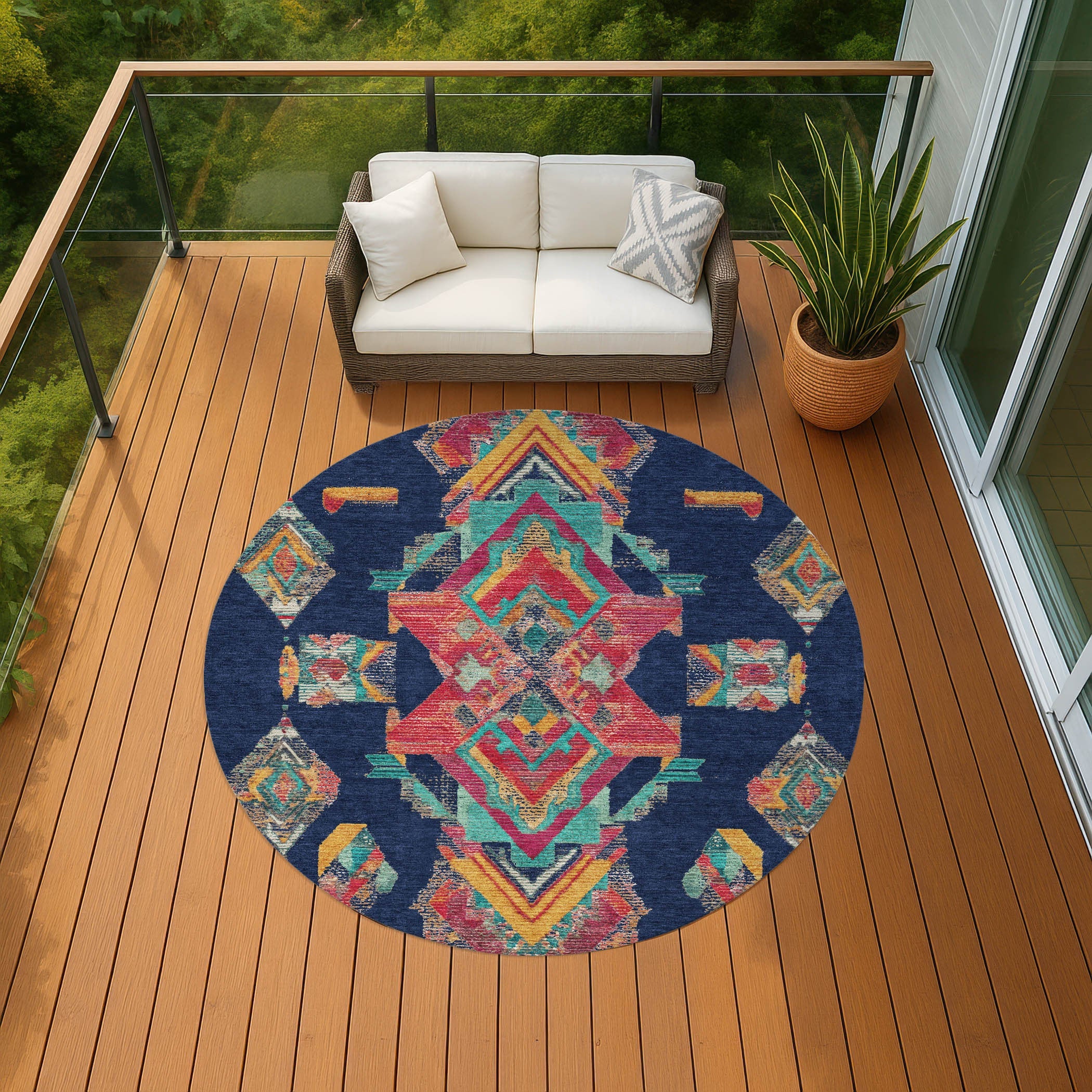 8' Navy Blue And Green Round Tribal Washable Indoor Outdoor Area Rug Homeroots Outdoor