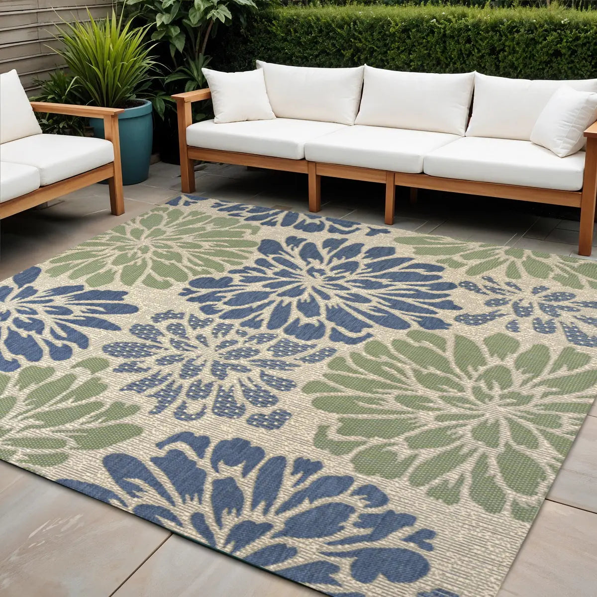 8' Navy Blue And Green Square Floral Indoor Outdoor Area Rug Homeroots Outdoor