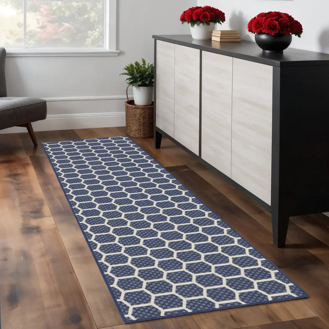 8' Navy Blue And Ivory Geometric Indoor Outdoor Runner Rug Homeroots Outdoor