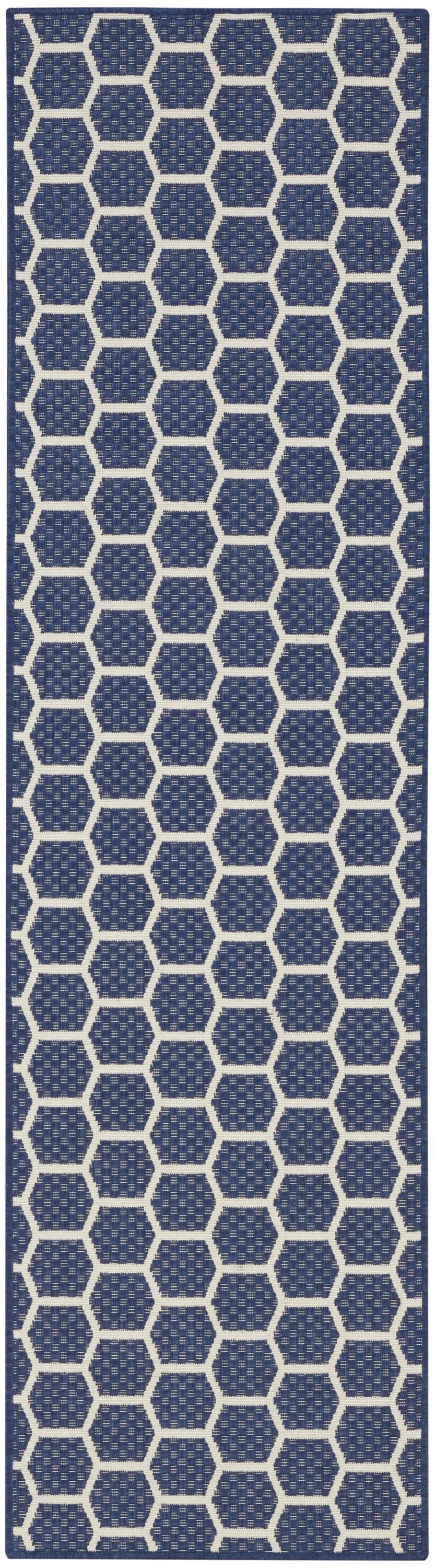 8' Navy Blue And Ivory Geometric Indoor Outdoor Runner Rug Homeroots Outdoor