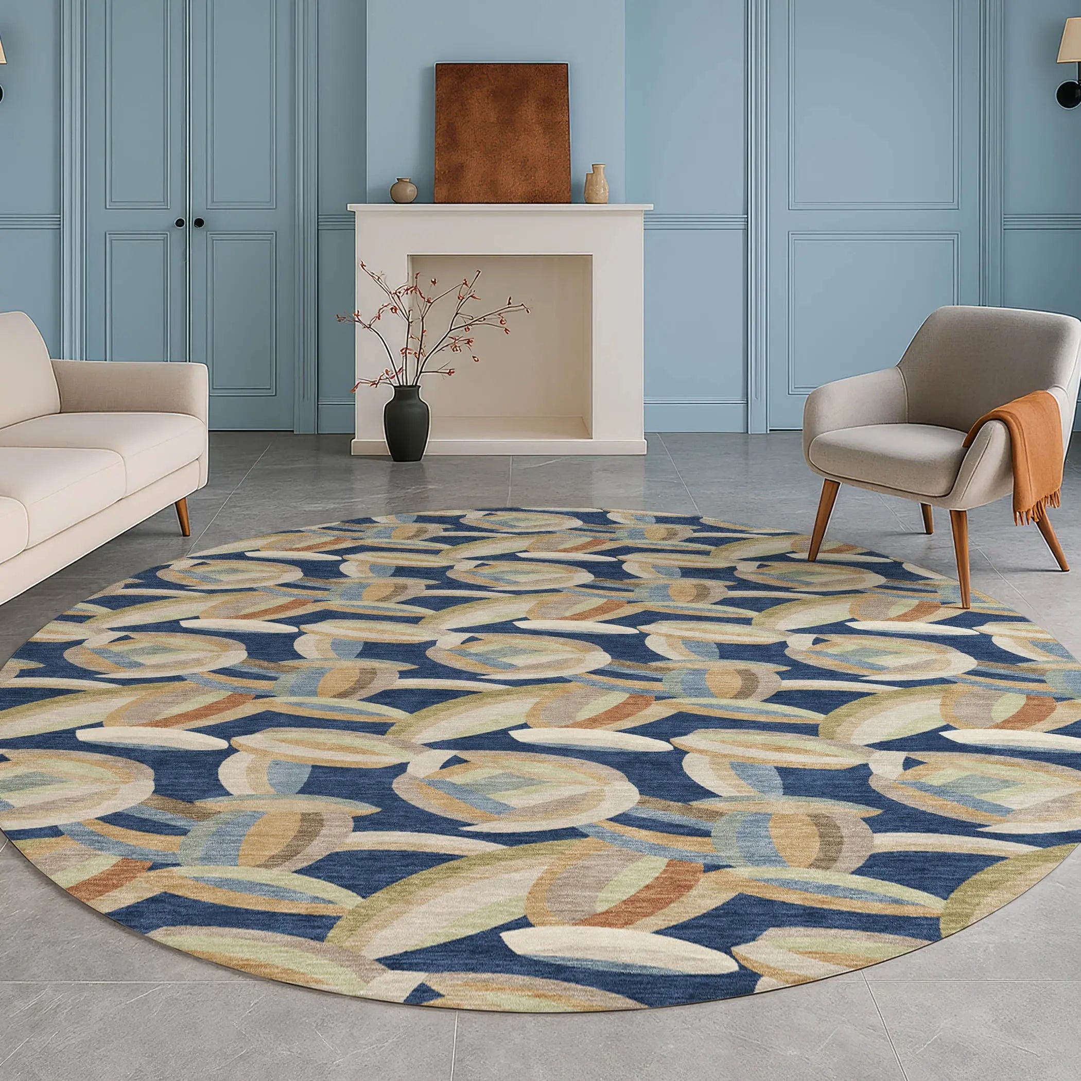 8' Navy Blue And Ivory Round Abstract Washable Indoor Outdoor Area Rug Homeroots Outdoor