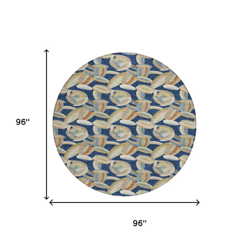 8' Navy Blue And Ivory Round Abstract Washable Indoor Outdoor Area Rug Homeroots Outdoor
