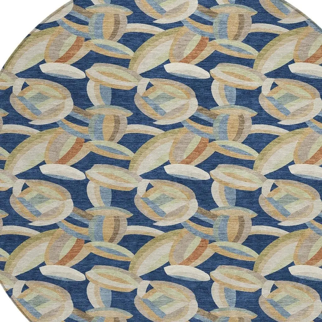 8' Navy Blue And Ivory Round Abstract Washable Indoor Outdoor Area Rug Homeroots Outdoor