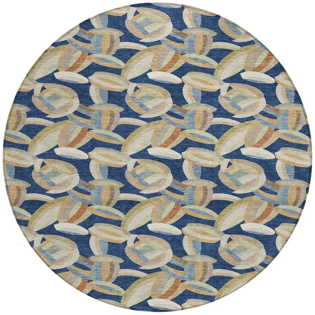 8' Navy Blue And Ivory Round Abstract Washable Indoor Outdoor Area Rug Homeroots Outdoor