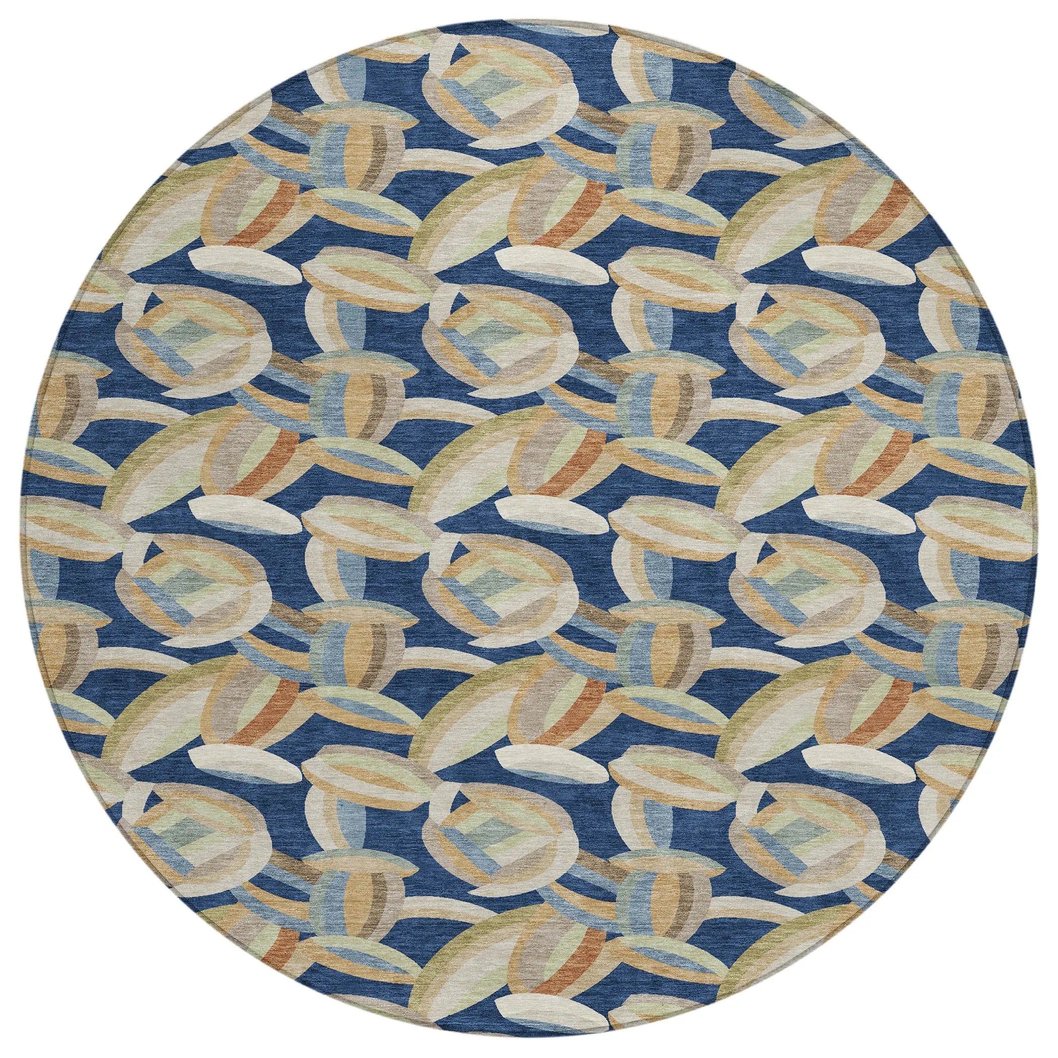 8' Navy Blue And Ivory Round Abstract Washable Indoor Outdoor Area Rug Homeroots Outdoor