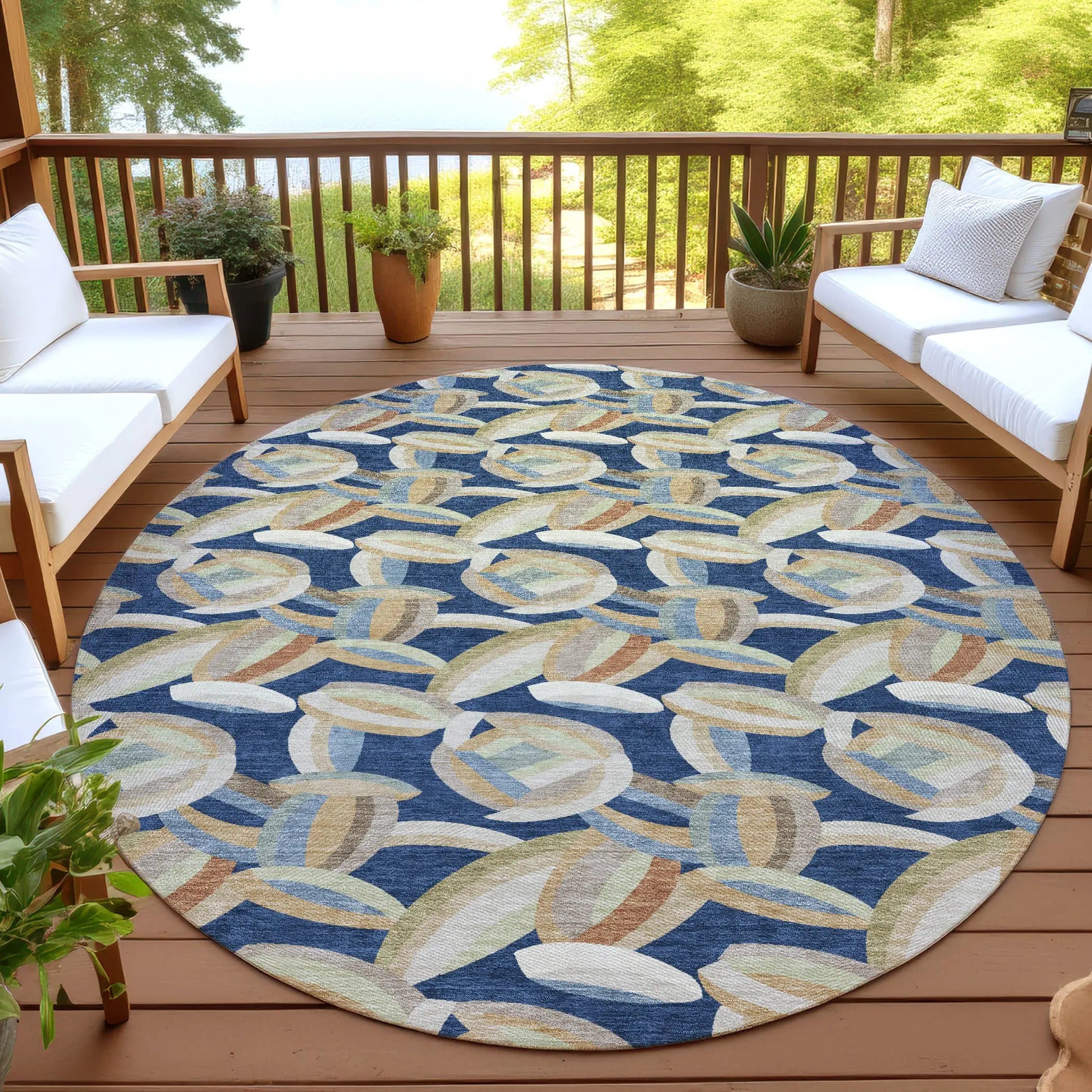 8' Navy Blue And Ivory Round Abstract Washable Indoor Outdoor Area Rug Homeroots Outdoor