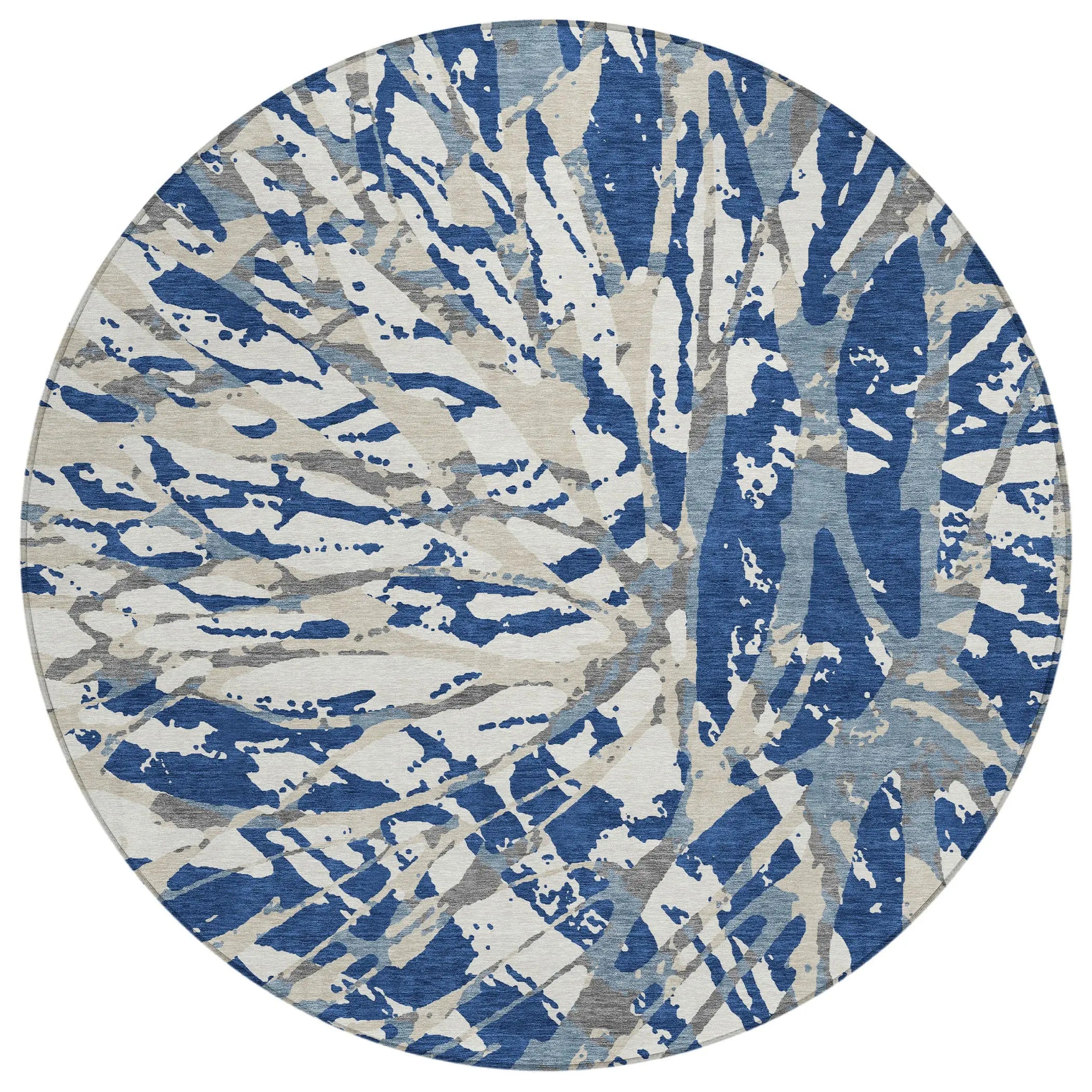 8' Navy Blue And Ivory Round Abstract Washable Indoor Outdoor Area Rug Homeroots Outdoor