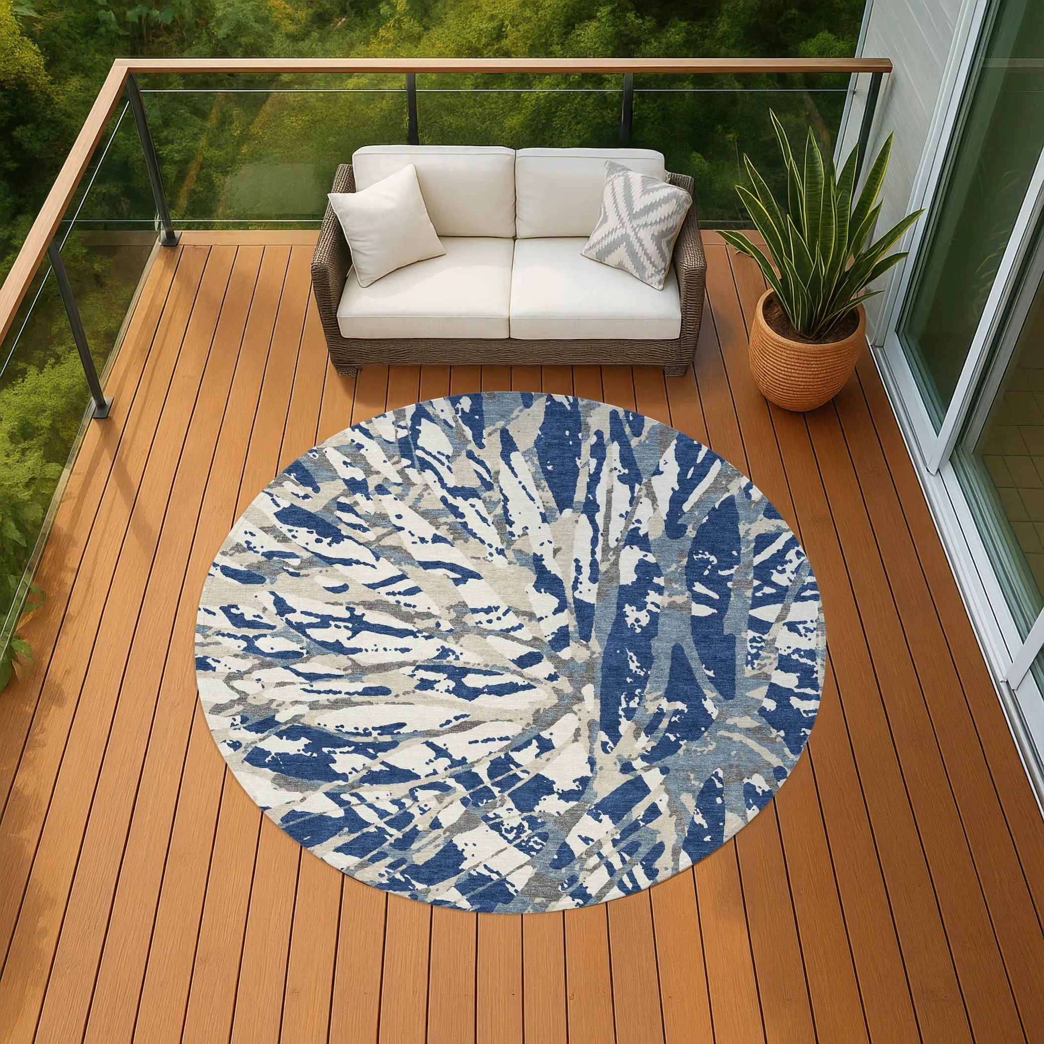 8' Navy Blue And Ivory Round Abstract Washable Indoor Outdoor Area Rug Homeroots Outdoor