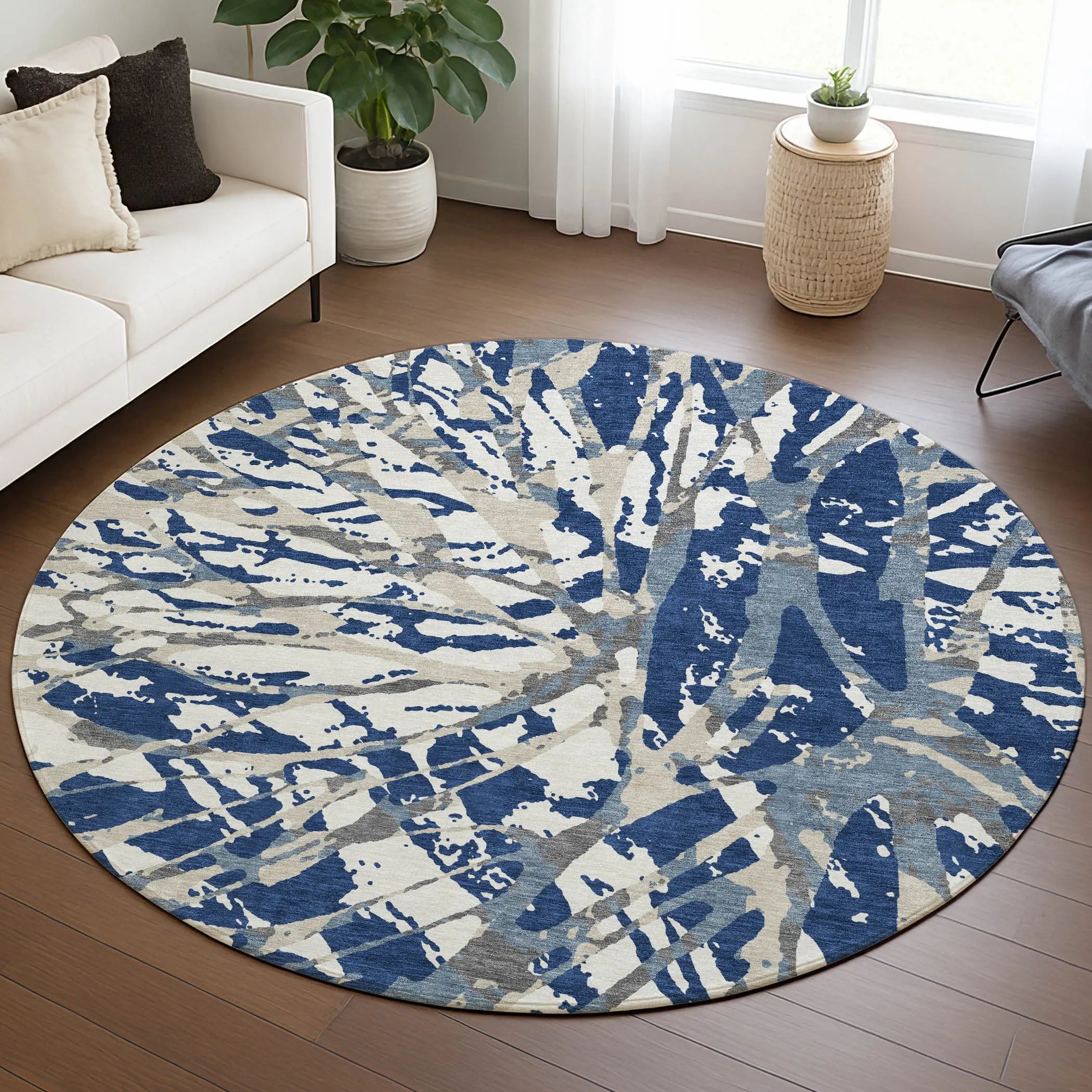 8' Navy Blue And Ivory Round Abstract Washable Indoor Outdoor Area Rug Homeroots Outdoor
