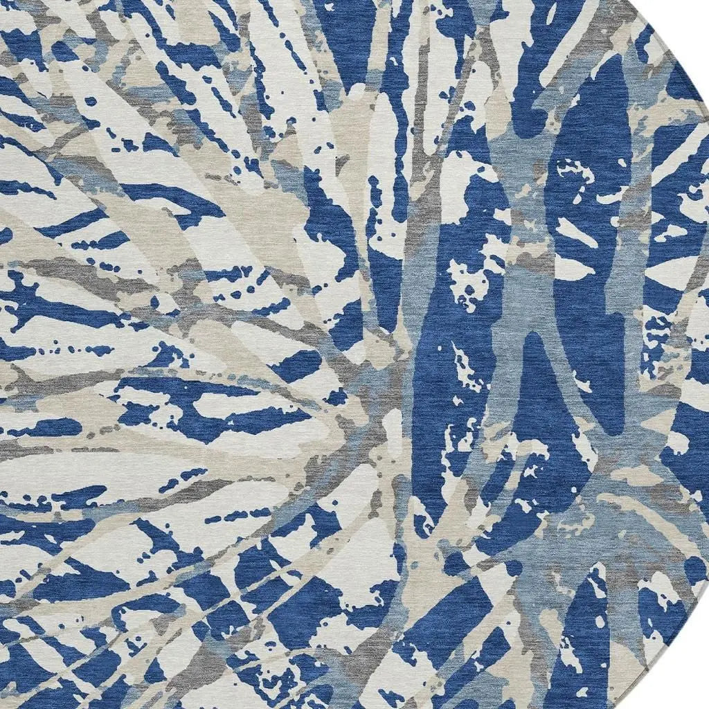8' Navy Blue And Ivory Round Abstract Washable Indoor Outdoor Area Rug Homeroots Outdoor