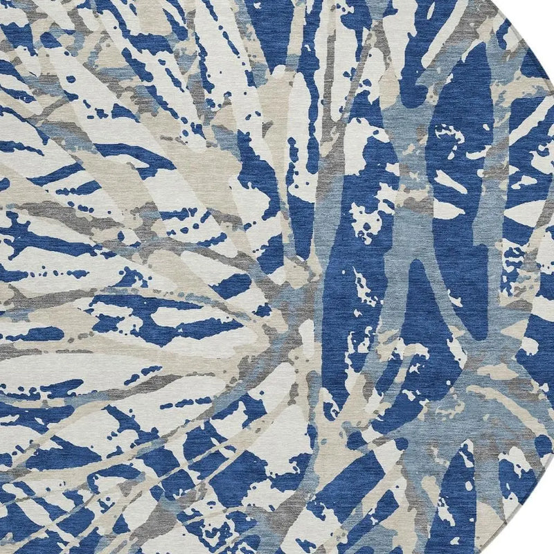 8' Navy Blue And Ivory Round Abstract Washable Indoor Outdoor Area Rug Homeroots Outdoor