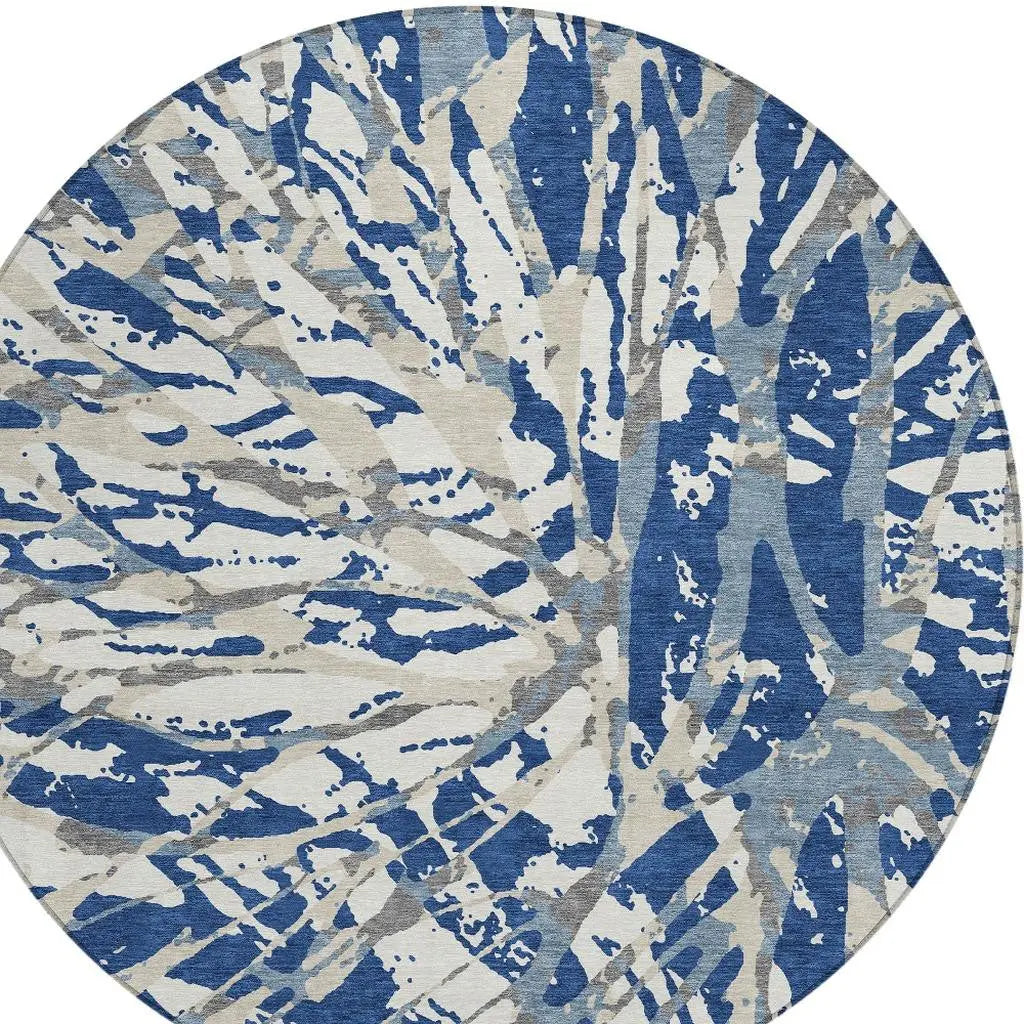 8' Navy Blue And Ivory Round Abstract Washable Indoor Outdoor Area Rug Homeroots Outdoor