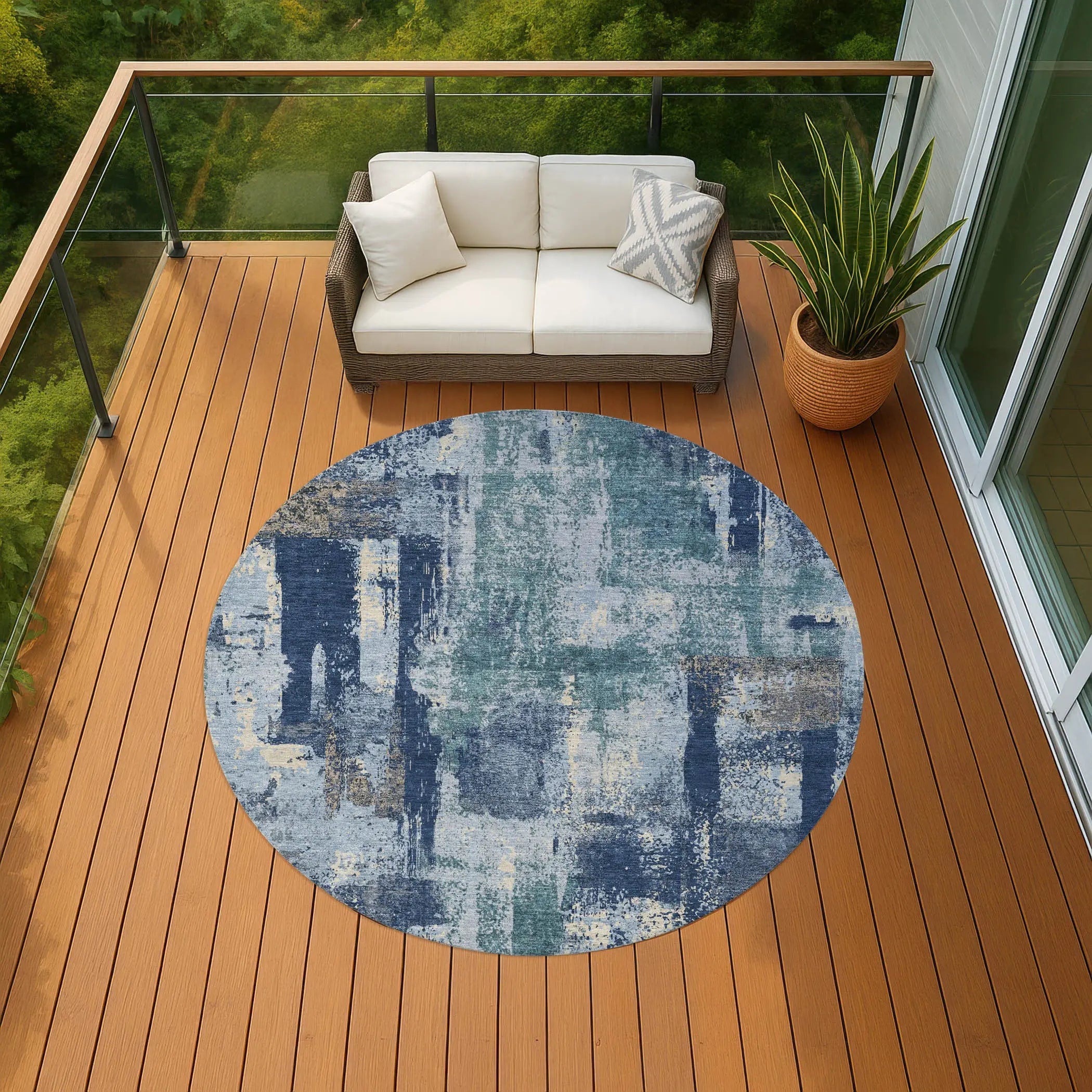 8' Navy Blue And Ivory Round Abstract Washable Indoor Outdoor Area Rug Homeroots Outdoor