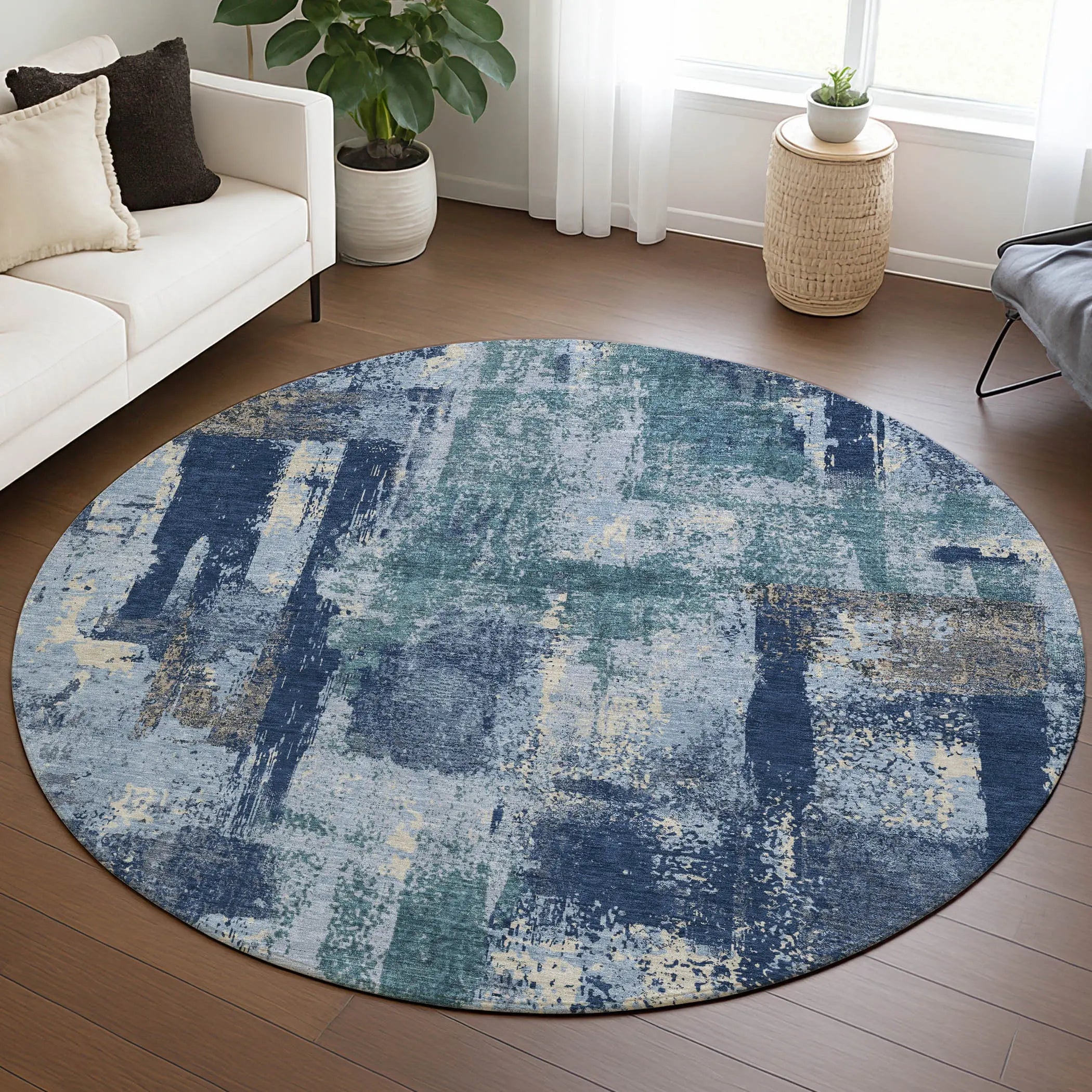 8' Navy Blue And Ivory Round Abstract Washable Indoor Outdoor Area Rug Homeroots Outdoor