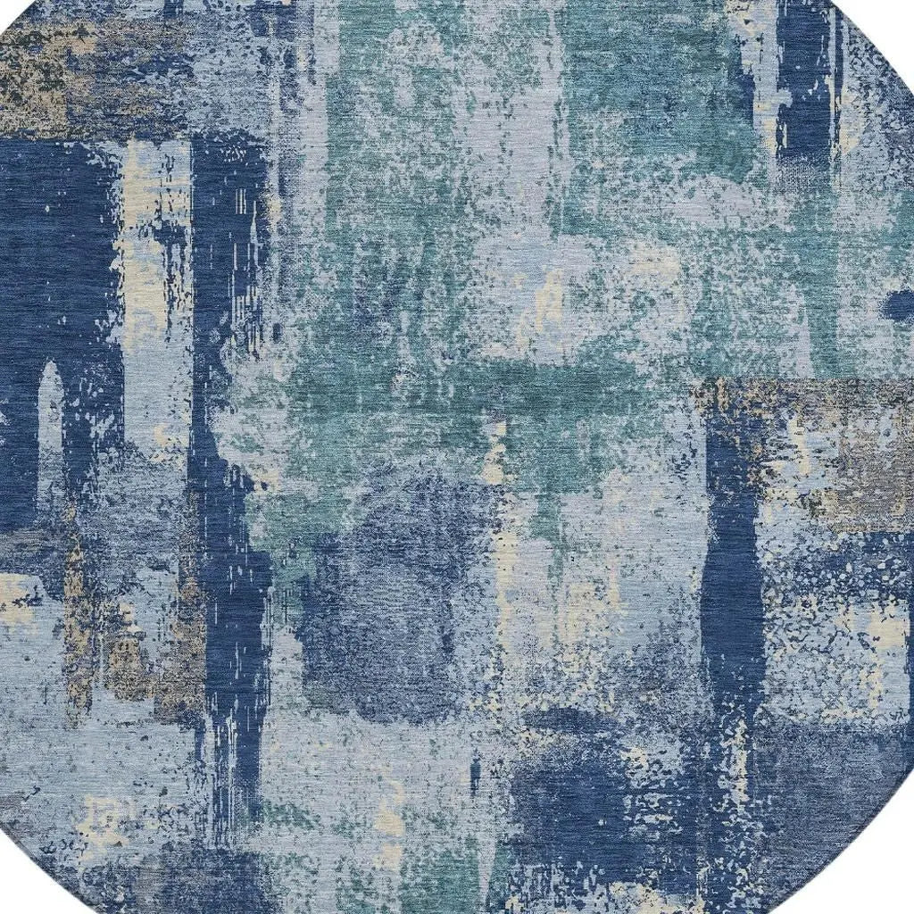 8' Navy Blue And Ivory Round Abstract Washable Indoor Outdoor Area Rug Homeroots Outdoor