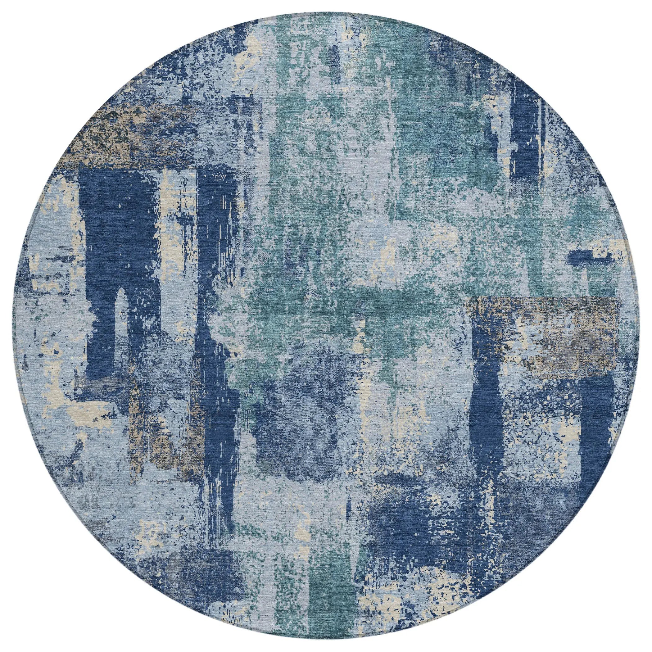 8' Navy Blue And Ivory Round Abstract Washable Indoor Outdoor Area Rug Homeroots Outdoor