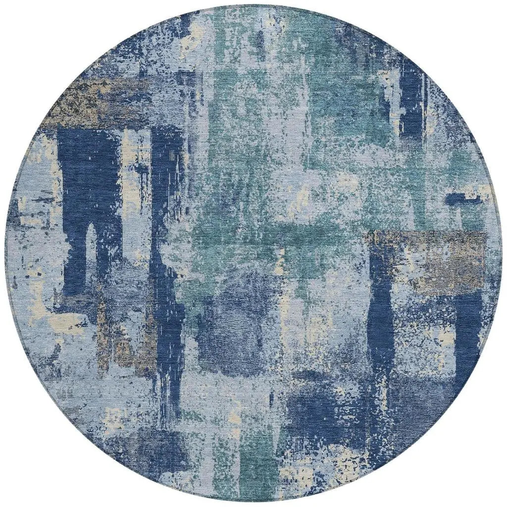 8' Navy Blue And Ivory Round Abstract Washable Indoor Outdoor Area Rug Homeroots Outdoor