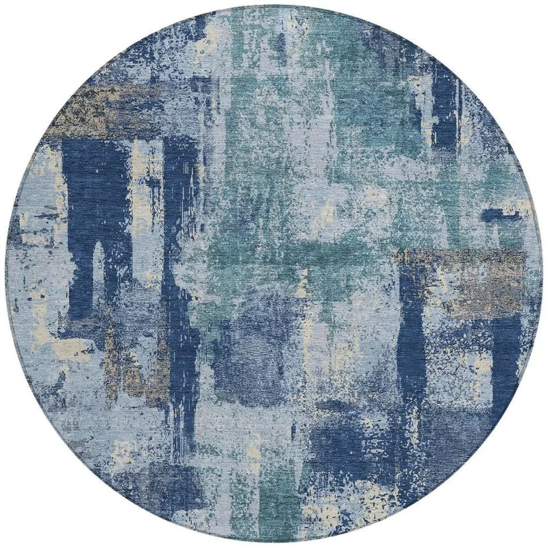 8' Navy Blue And Ivory Round Abstract Washable Indoor Outdoor Area Rug Homeroots Outdoor