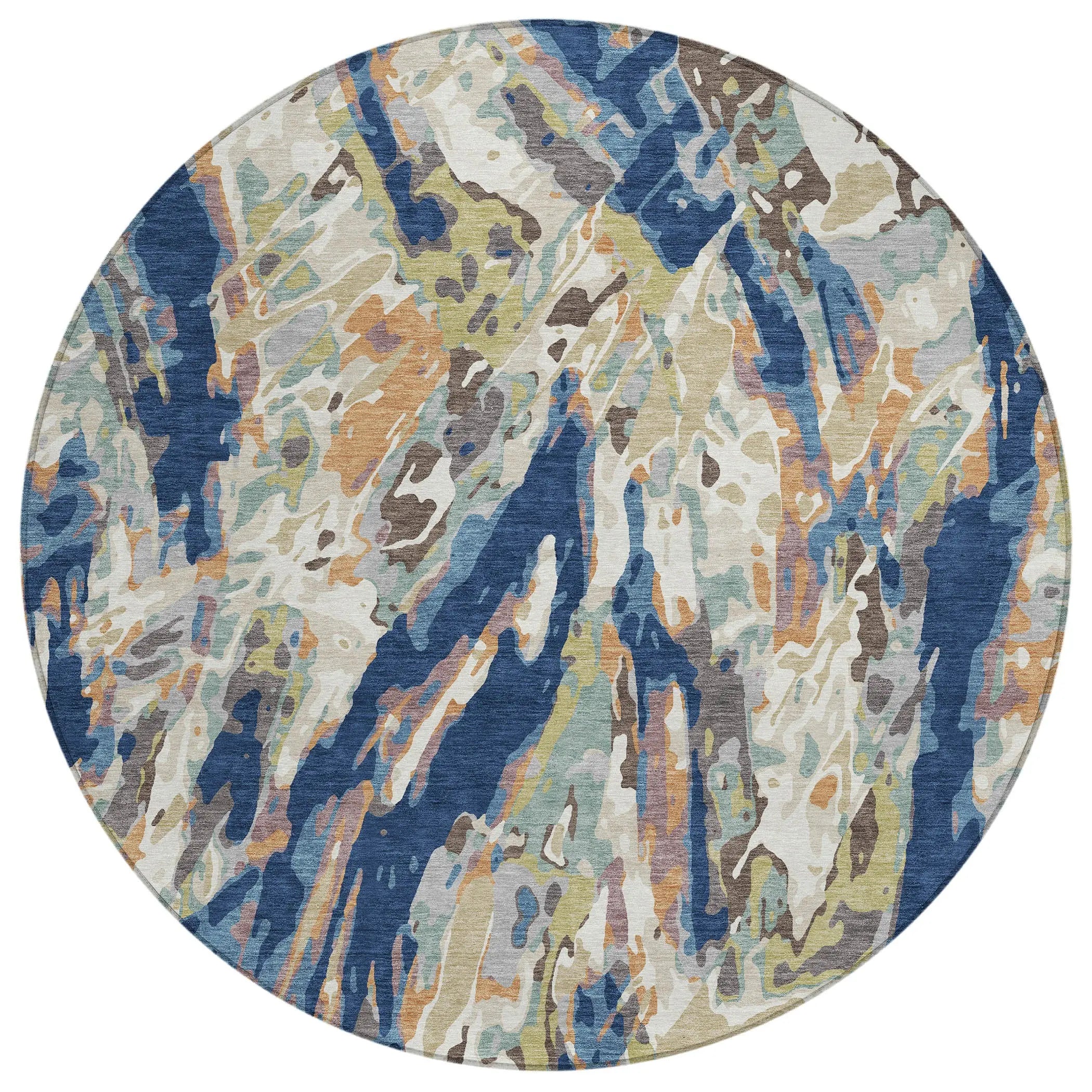 8' Navy Blue And Ivory Round Abstract Washable Indoor Outdoor Area Rug Homeroots Outdoor