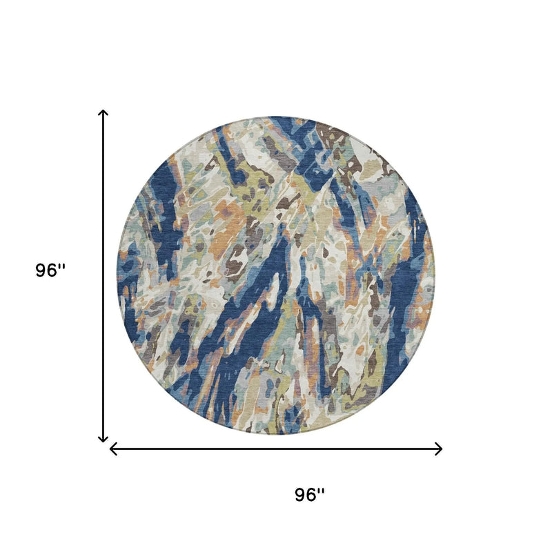 8' Navy Blue And Ivory Round Abstract Washable Indoor Outdoor Area Rug Homeroots Outdoor