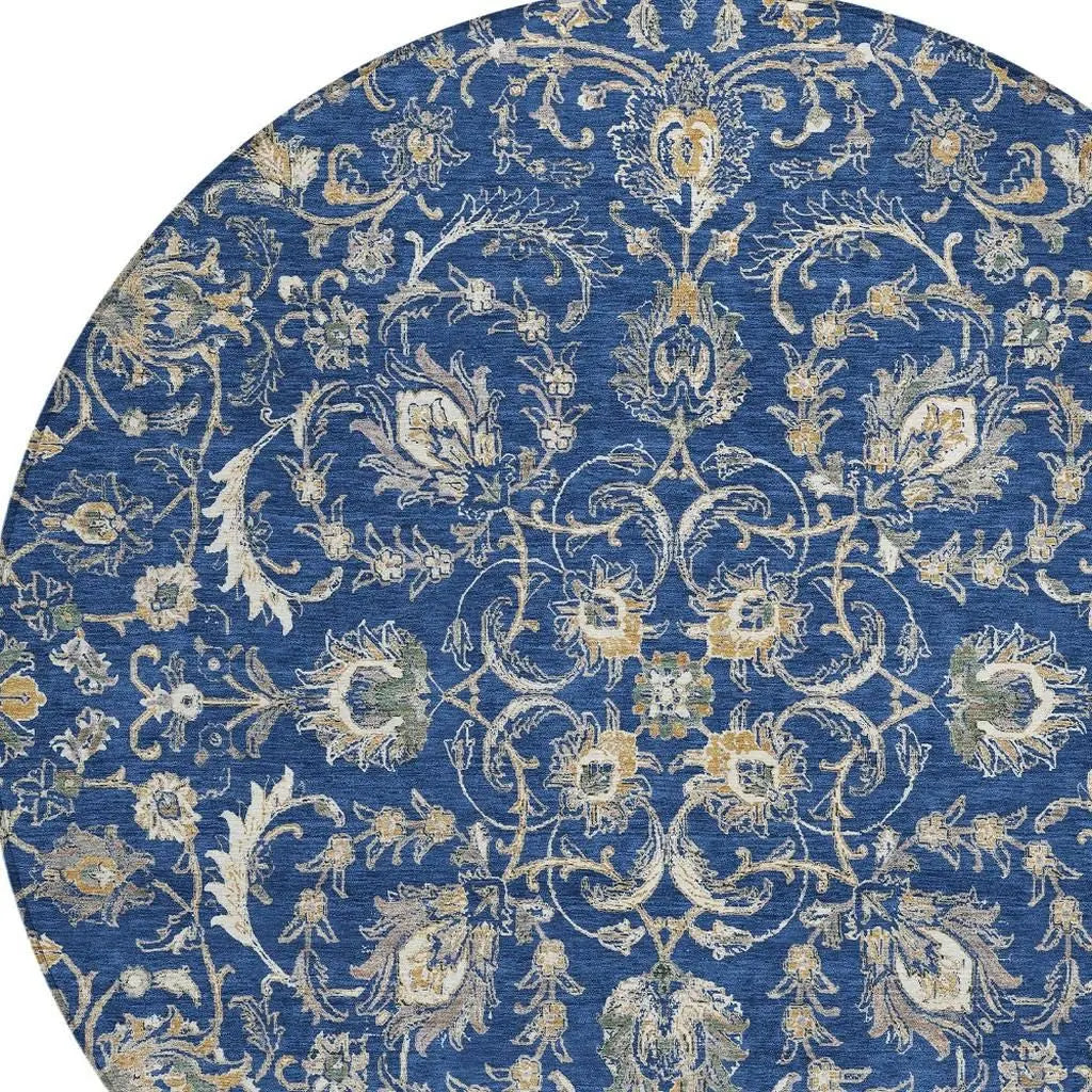 8' Navy Blue And Ivory Round Botanical Leaves Washable Indoor Outdoor Area Rug Homeroots Outdoor
