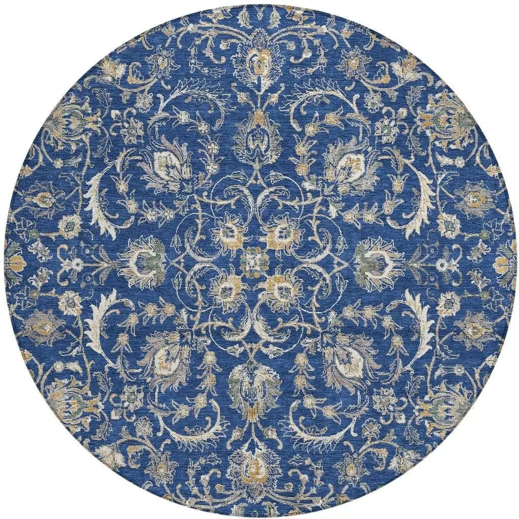 8' Navy Blue And Ivory Round Botanical Leaves Washable Indoor Outdoor Area Rug Homeroots Outdoor