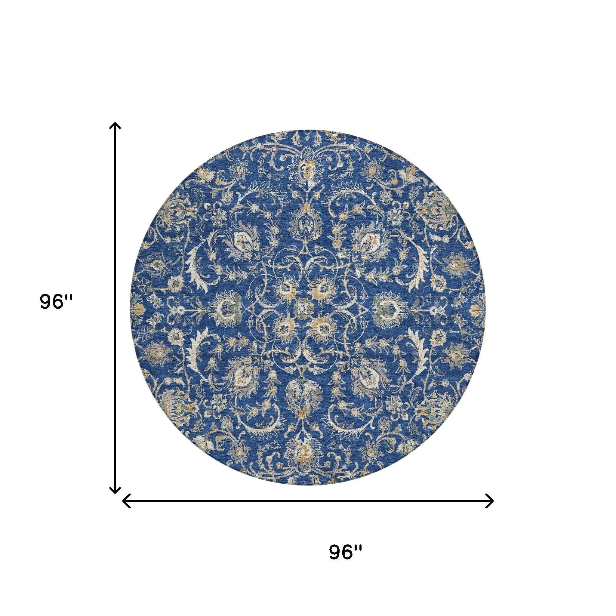 8' Navy Blue And Ivory Round Botanical Leaves Washable Indoor Outdoor Area Rug Homeroots Outdoor