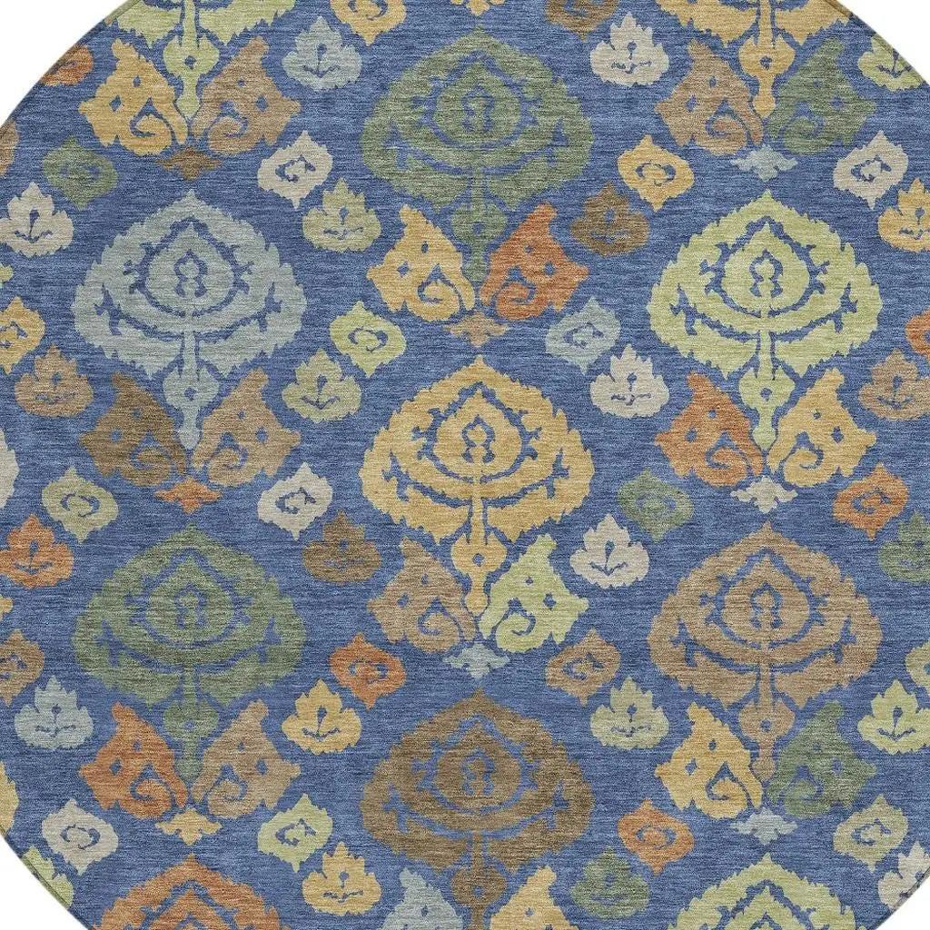 8' Navy Blue And Ivory Round Damask Washable Indoor Outdoor Area Rug Homeroots Outdoor