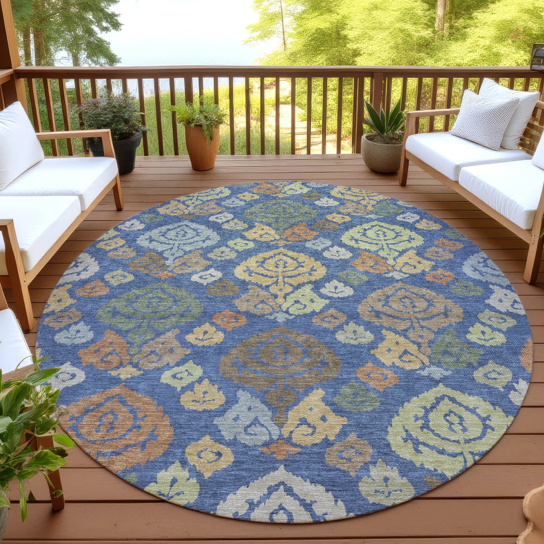 8' Navy Blue And Ivory Round Damask Washable Indoor Outdoor Area Rug Homeroots Outdoor